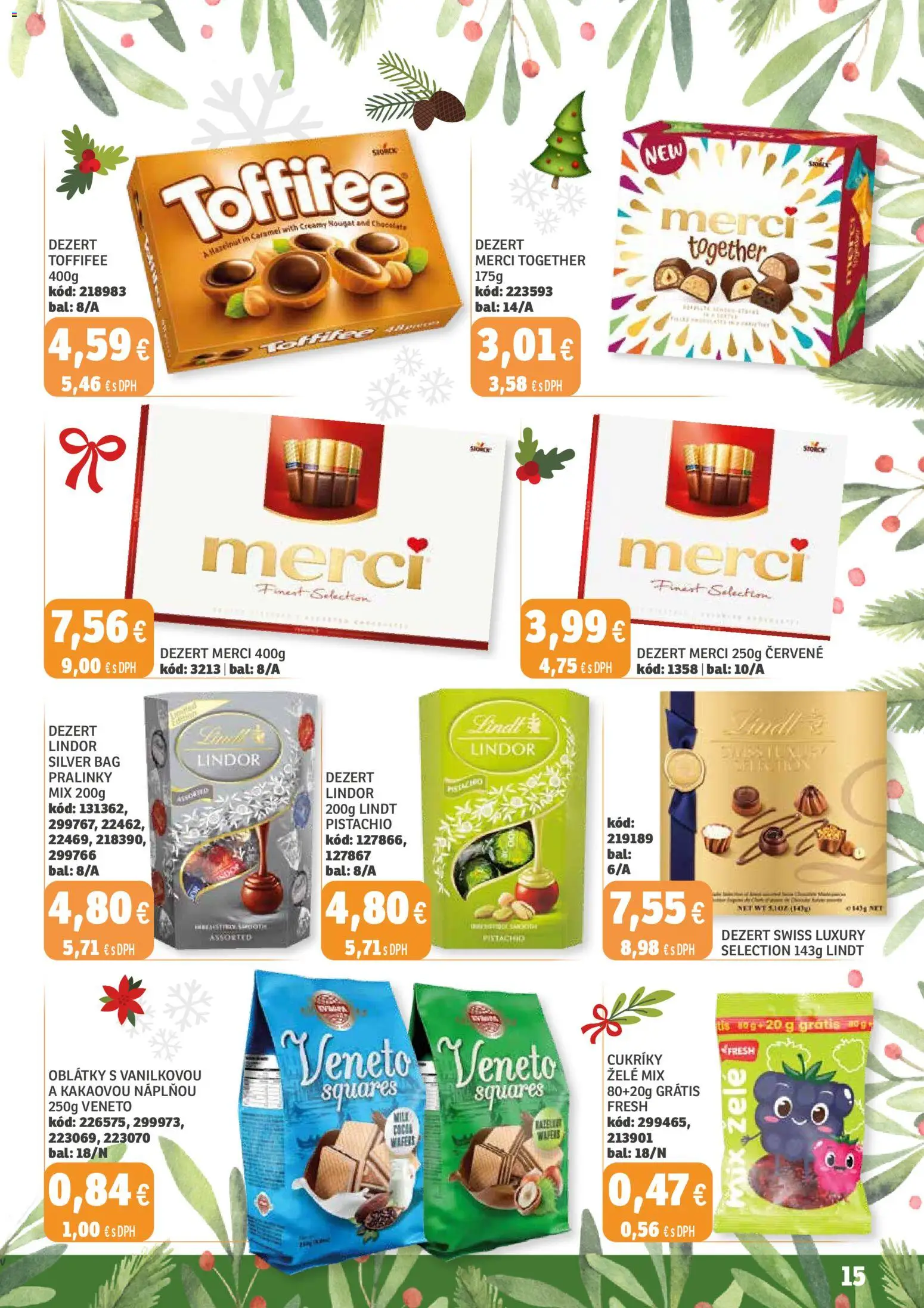 Nové Labaš akcie – leták je platný od 12.12.2025 | Strana: 15 | Produkty: Lindor, Lindt, Merci, Toffifee
