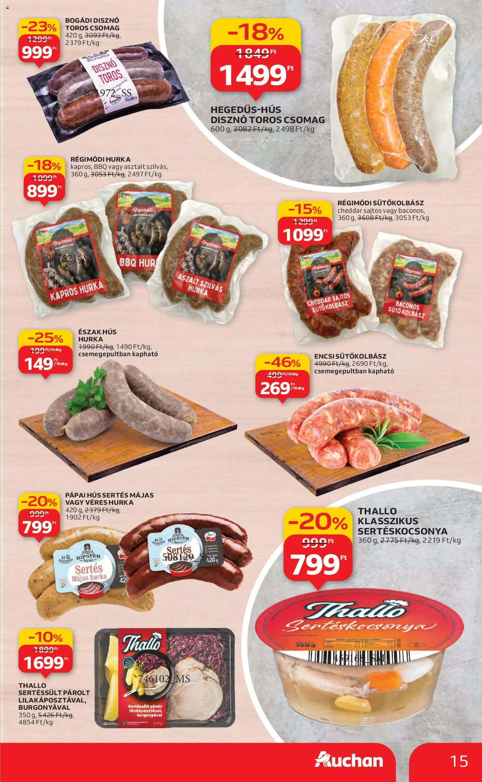 Auchan akciós ujság - amely érvényes a következő dátumtól: 13.11.2025 | Oldal: 15 | Termékek: Kolbász, Hús, Hurka, Cheddar
