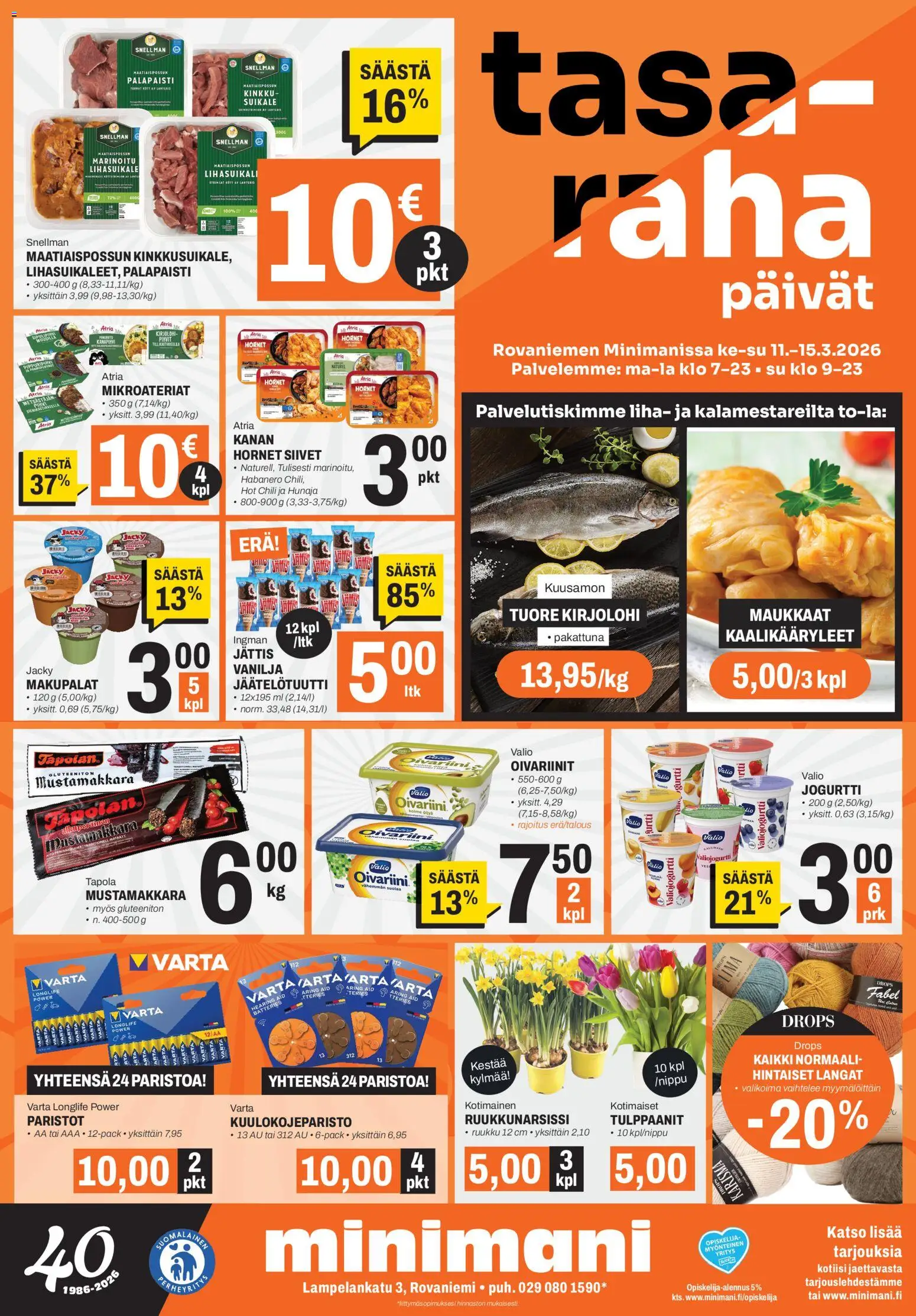 Minimani Tarjoukset - Rovaniemi – voimassa 11.03.2026 alkaen | Sivu: 1 | Tuotteet: Kirjolohi, Kaalikääryleet, Jogurtti, Hunaja