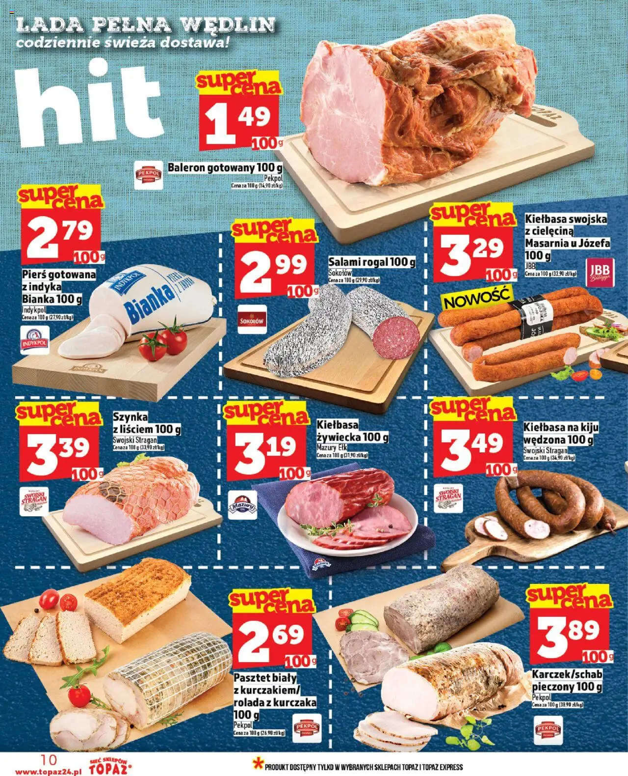 Topaz Gazetka od 23.10.2025 | Strona: 10 | Produkty: Kiełbasa, Rolada, Szynka, Salami