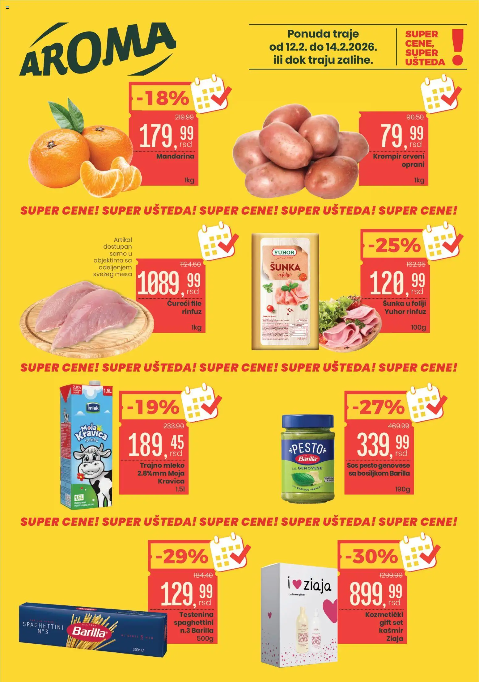 Aroma Market katalog - važi od 12.02.2026 | Strana: 1 | Proizvode: Mandarina, Pesto, Ćureći file, Šunka