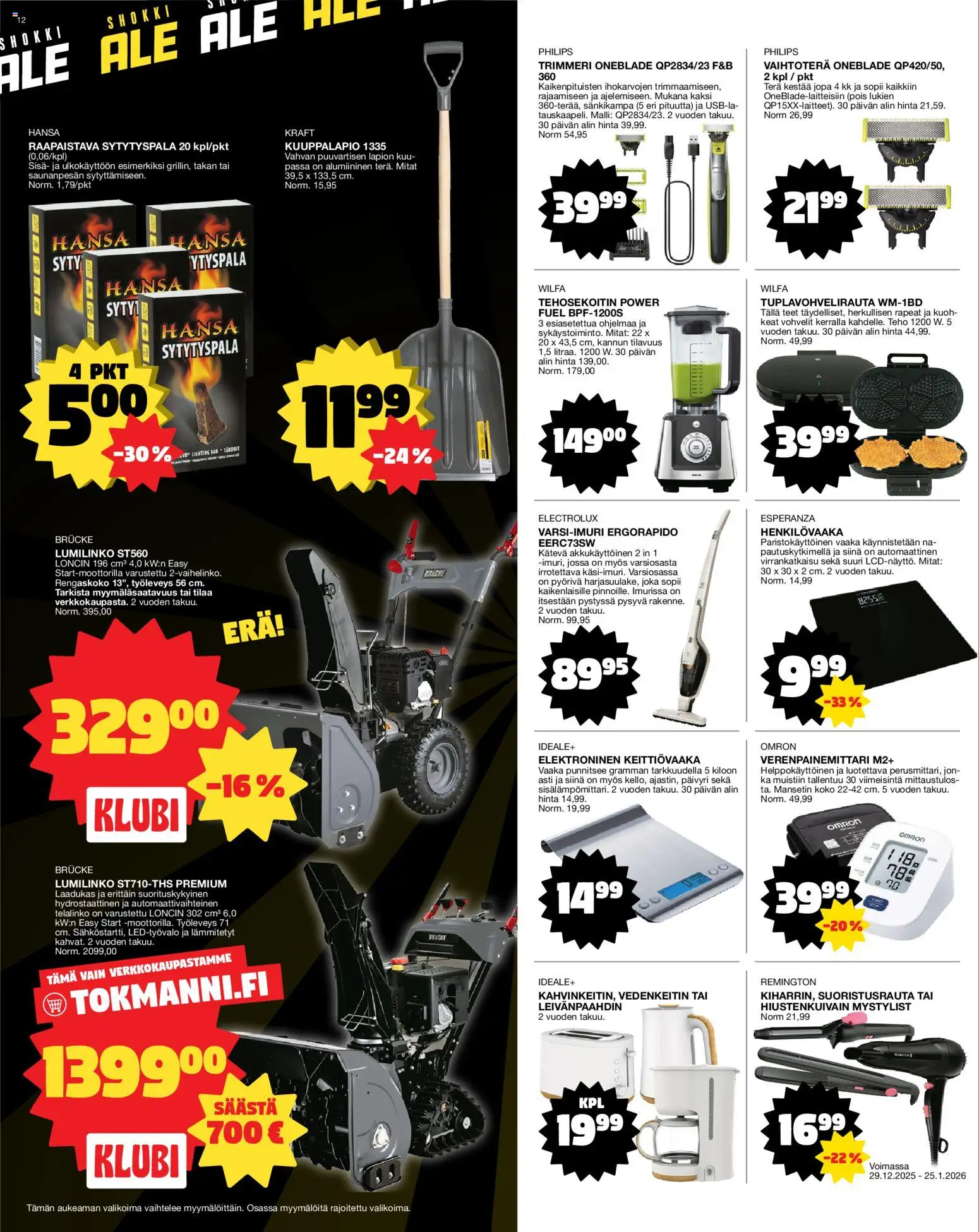 Tokmanni tarjoukset – voimassa 27.12.2025 alkaen | Sivu: 12 | Tuotteet: Lumilinko, Varsi-imuri, Leivänpaahdin, Tehosekoitin