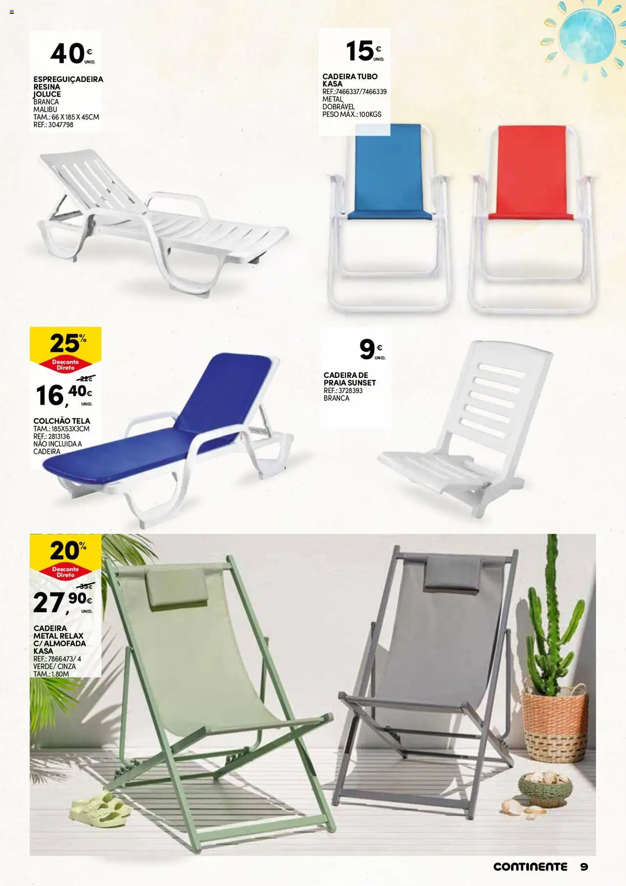 Continente - Verão │ válido de 17.06.2025 | Página: 9 | Produtos: Cadeira de praia, Colchão, Espreguiçadeira, Cadeira
