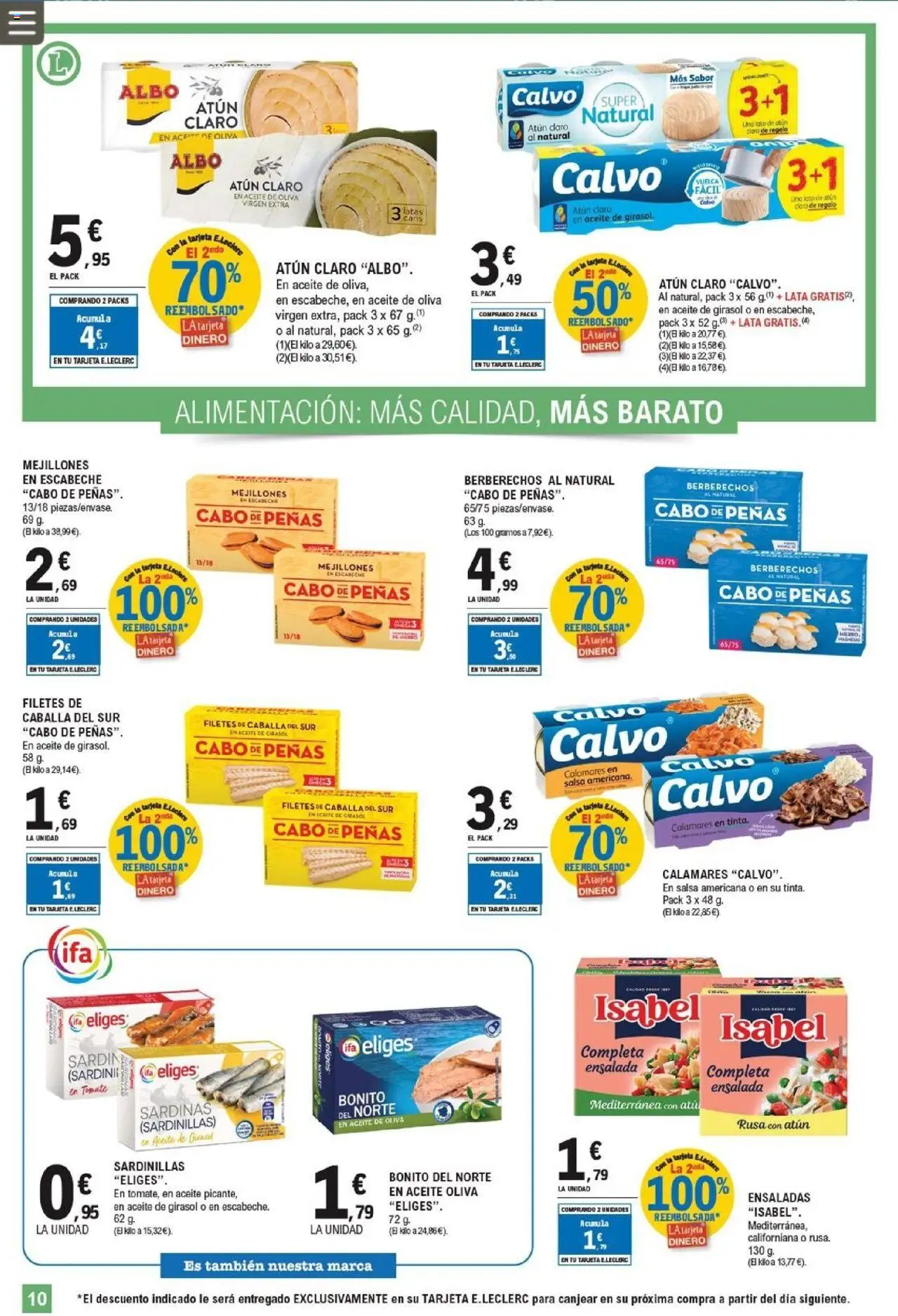 E.Leclerc folleto │ válido desde el 10.09.2025 | Página: 10 | Productos: Calamares, Berberechos, Aceite, Ensalada