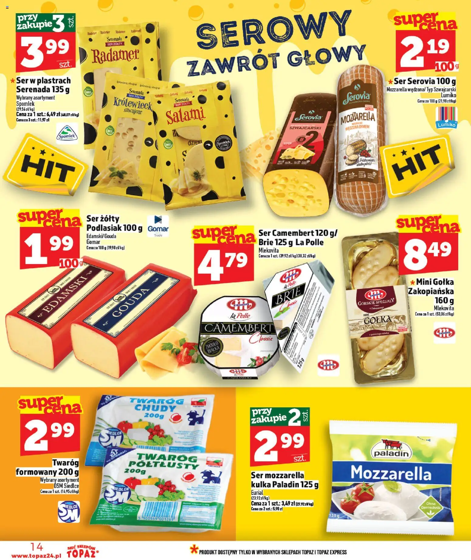 Topaz Gazetka od 15.01.2026 | Strona: 14 | Produkty: Ser camembert, Camembert, Mozzarella, Twaróg