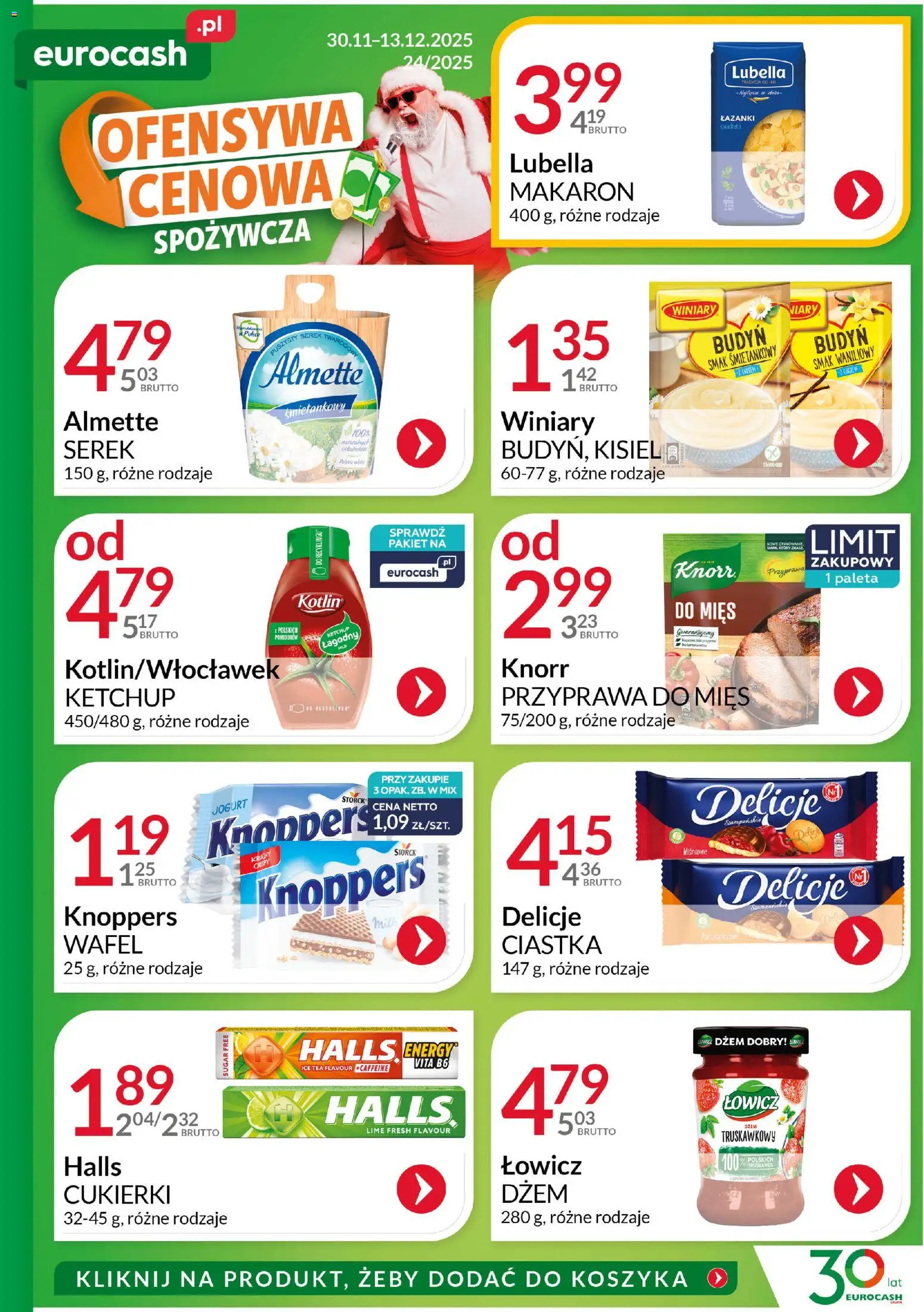 Eurocash Gazetka - Ofensywa Cenowa Spożywcza od 30.11.2025 | Strona: 1 | Produkty: Serek, Cukierki, Ciastka, Makaron