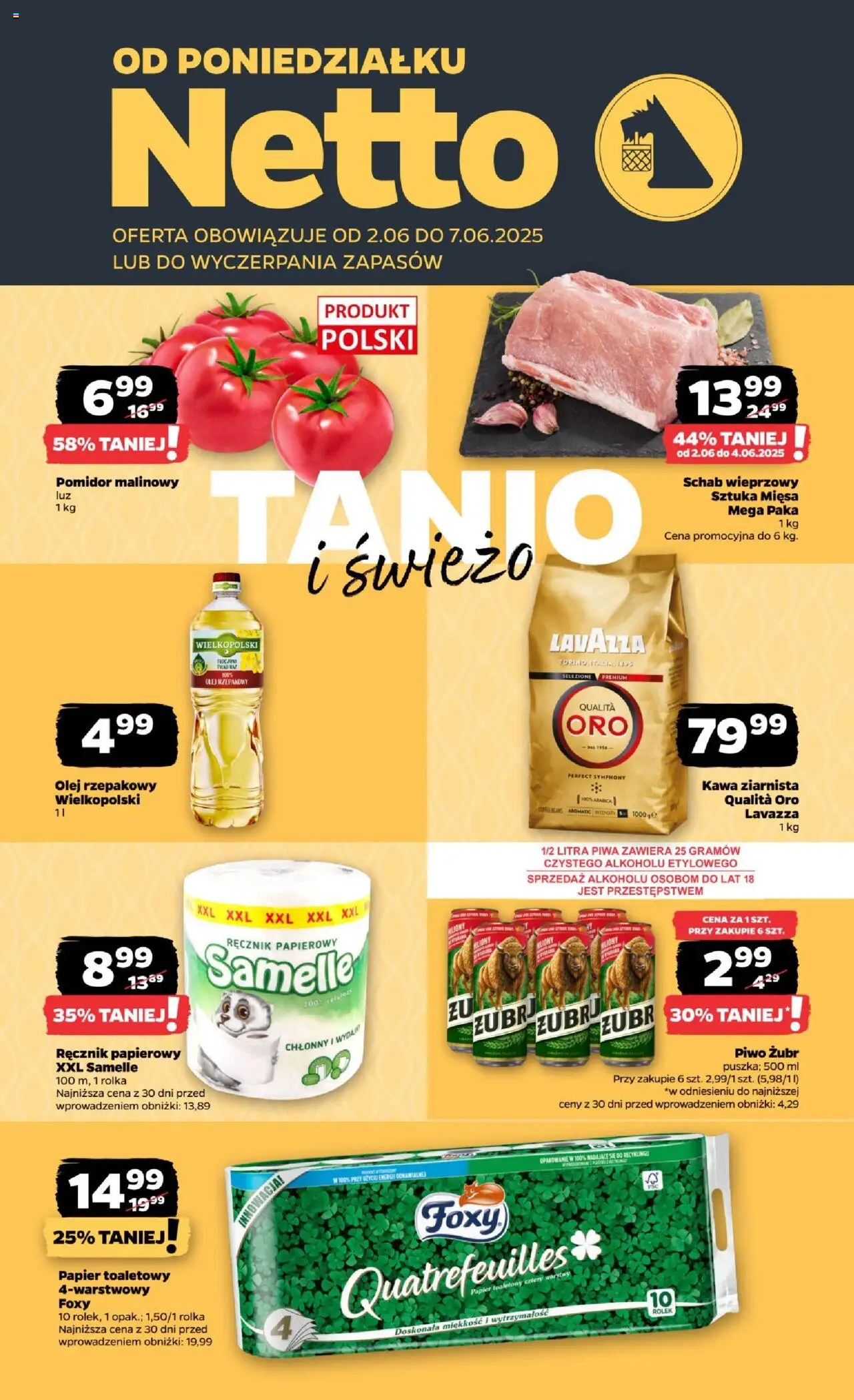 Netto gazetka - Spożywcza od 02.06.2025 | Strona: 1 | Produkty: Pomidor malinowy, Olej rzepakowy, Papier toaletowy, Lavazza