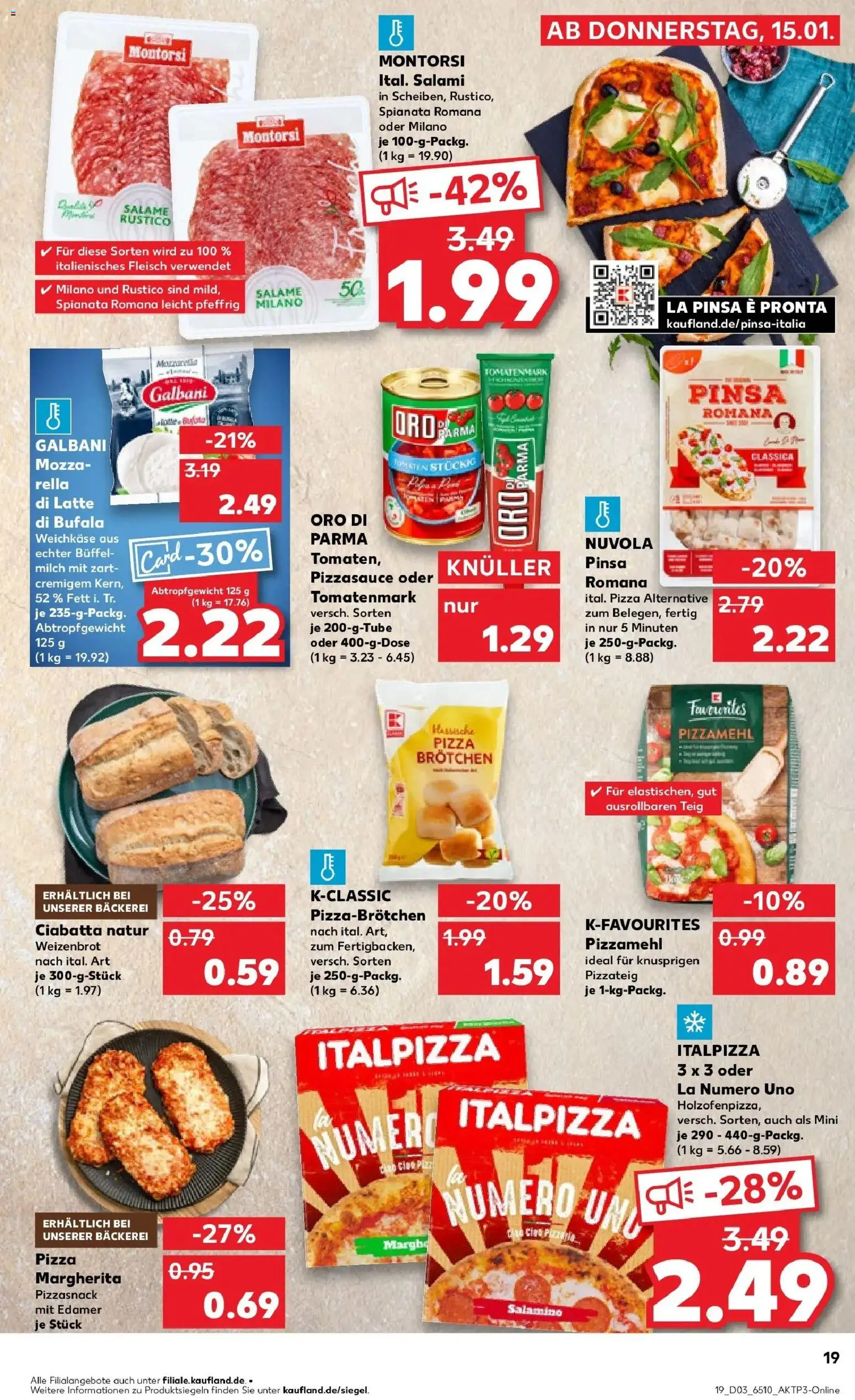 Kaufland prospekt Jülich	 – gültig ab 18.01.2026 | Seite: 19 | Produkte: Bäckerei, Mozzarella, Salami, Pizza
