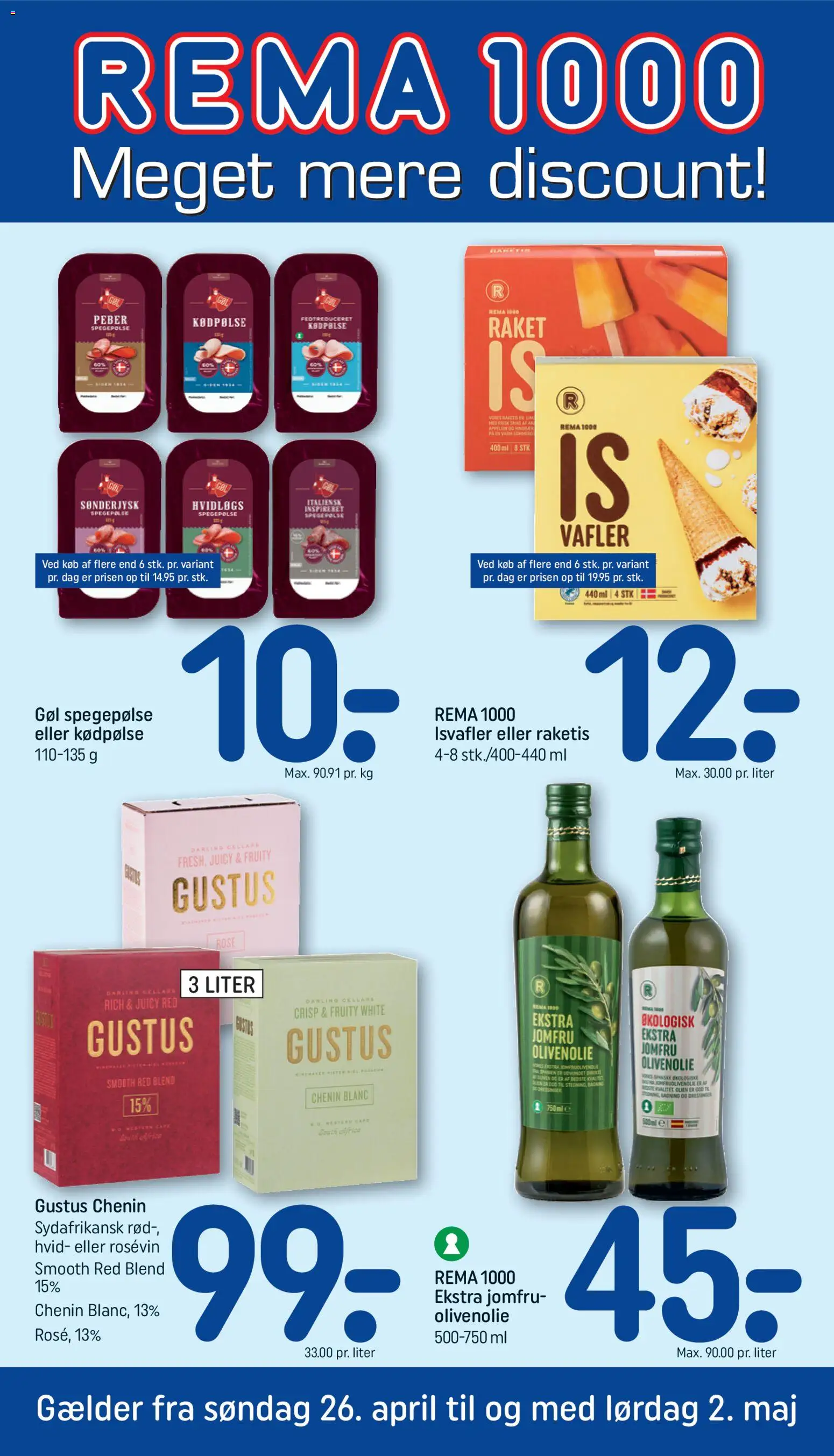 Rema 1000 tilbudsavis – gyldig fra 26.04.2026 | Side: 1 | Produkter: Spegepølse, Peber, Isvafler, Olivenolie