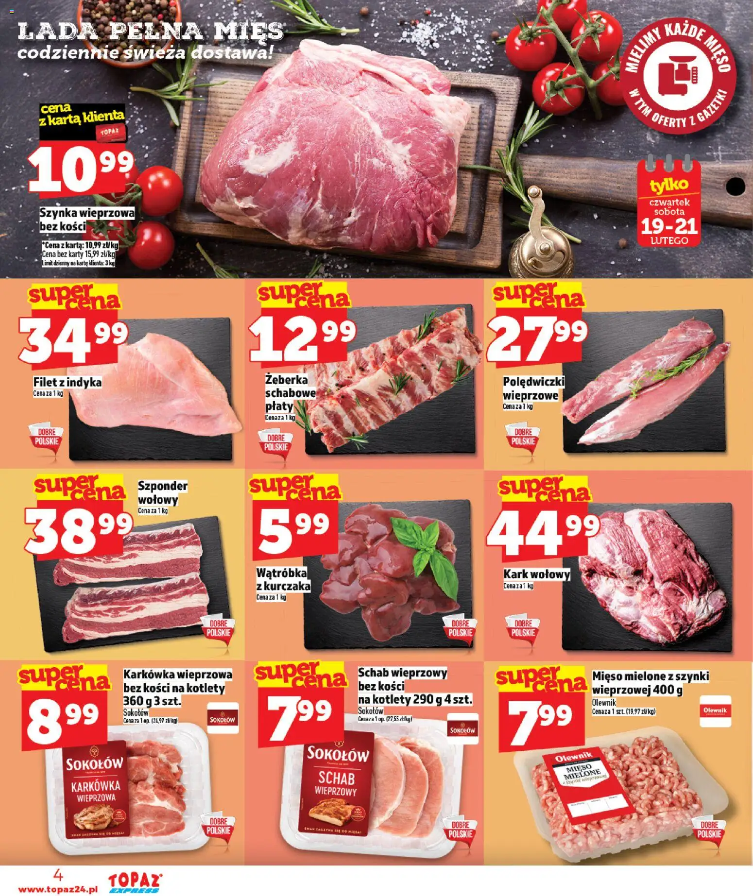 Topaz Gazetka - Express od 19.02.2026 | Strona: 4 | Produkty: Karta, Mięso, Mięso mielone, Kotlety