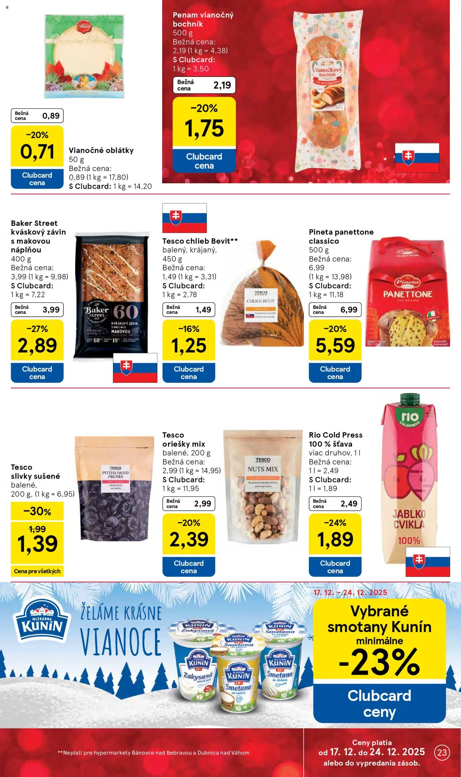 Nové Tesco akcie – leták je platný od 17.12.2025 | Strana: 23 | Produkty: Chlieb, Závin, Cvikla, Slivky