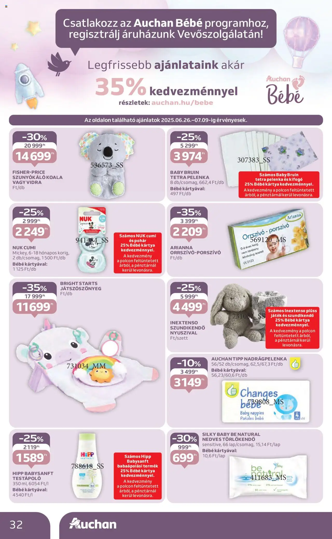 Auchan akciós ujság - amely érvényes a következő dátumtól: 26.06.2025 | Oldal: 32 | Termékek: Játék, Plüss, Pelenka, Pohár