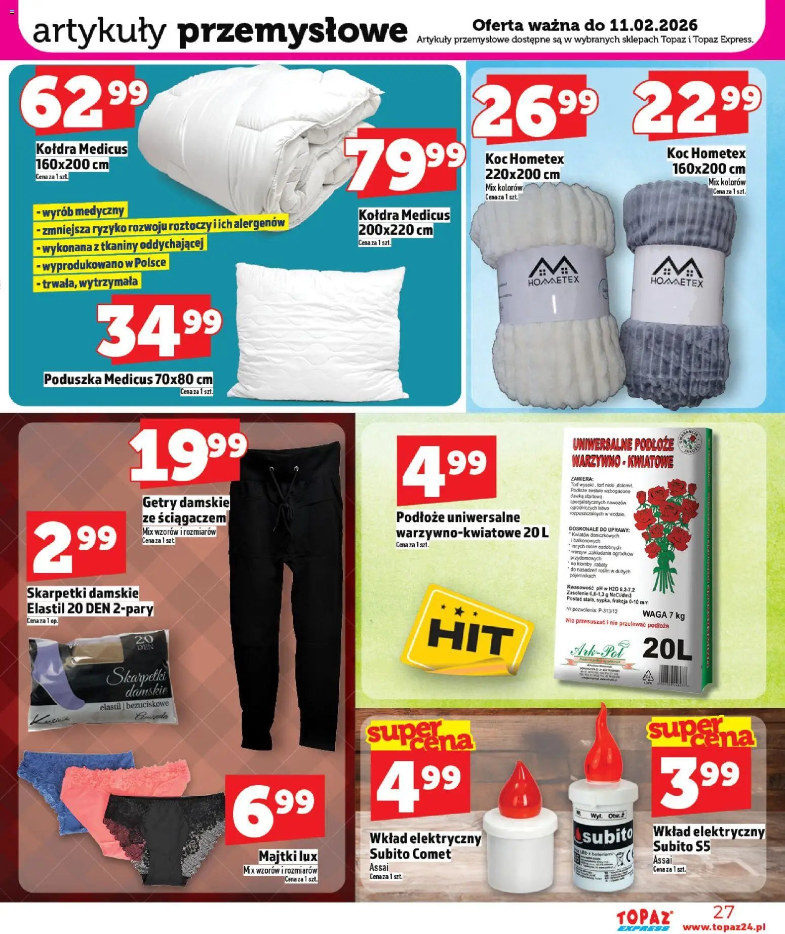 Topaz Gazetka - Express od 05.02.2026 | Strona: 27 | Produkty: Majtki, Waga, Poduszka, Artykuły przemysłowe