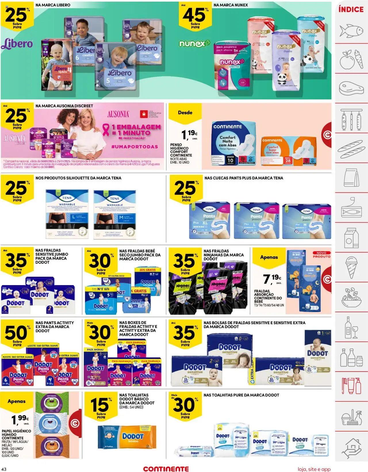 Continente folheto │ válido de 07.10.2025 | Página: 43 | Produtos: Bolsa, Pensos higiénicos, Fraldas dodot, Melão