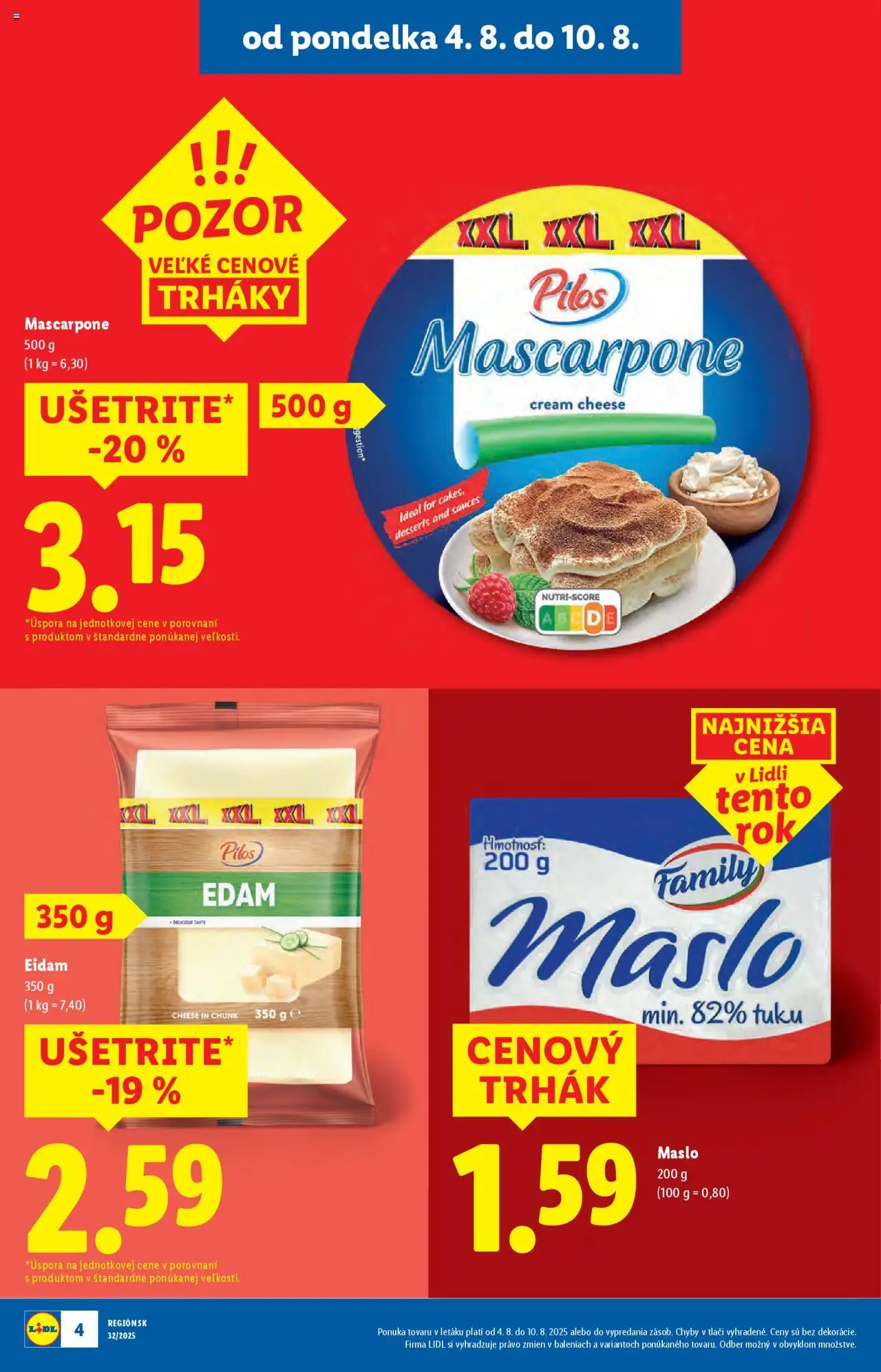 Lidl leták │ platný od 04.08.2025 | Strana: 4 | Produkty: Maslo, Eidam, Mascarpone