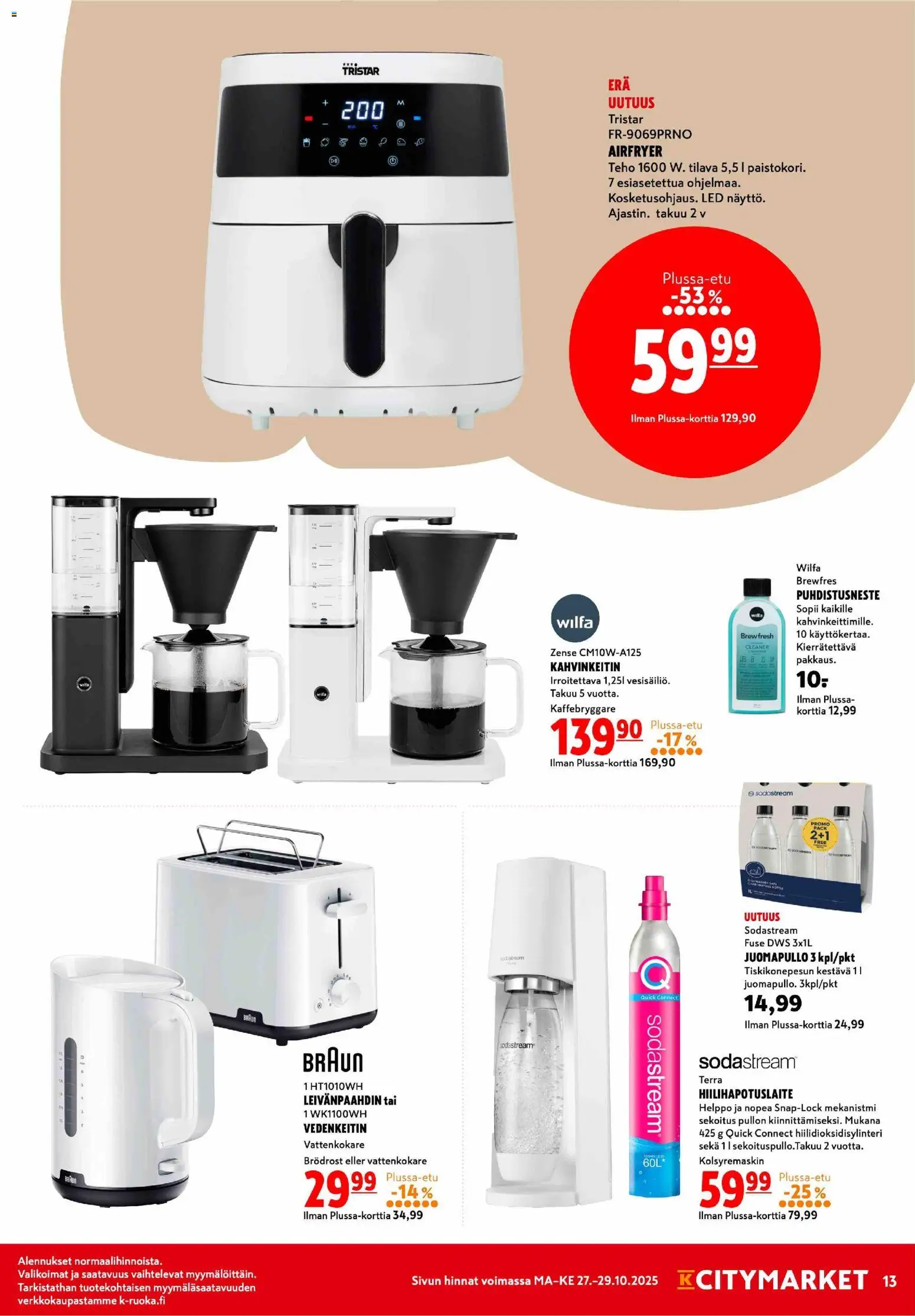 K-Citymarket tarjoukset – voimassa 27.10.2025 alkaen | Sivu: 13 | Tuotteet: Vedenkeitin, Leivänpaahdin, Sodastream, Hiilihapotuslaite