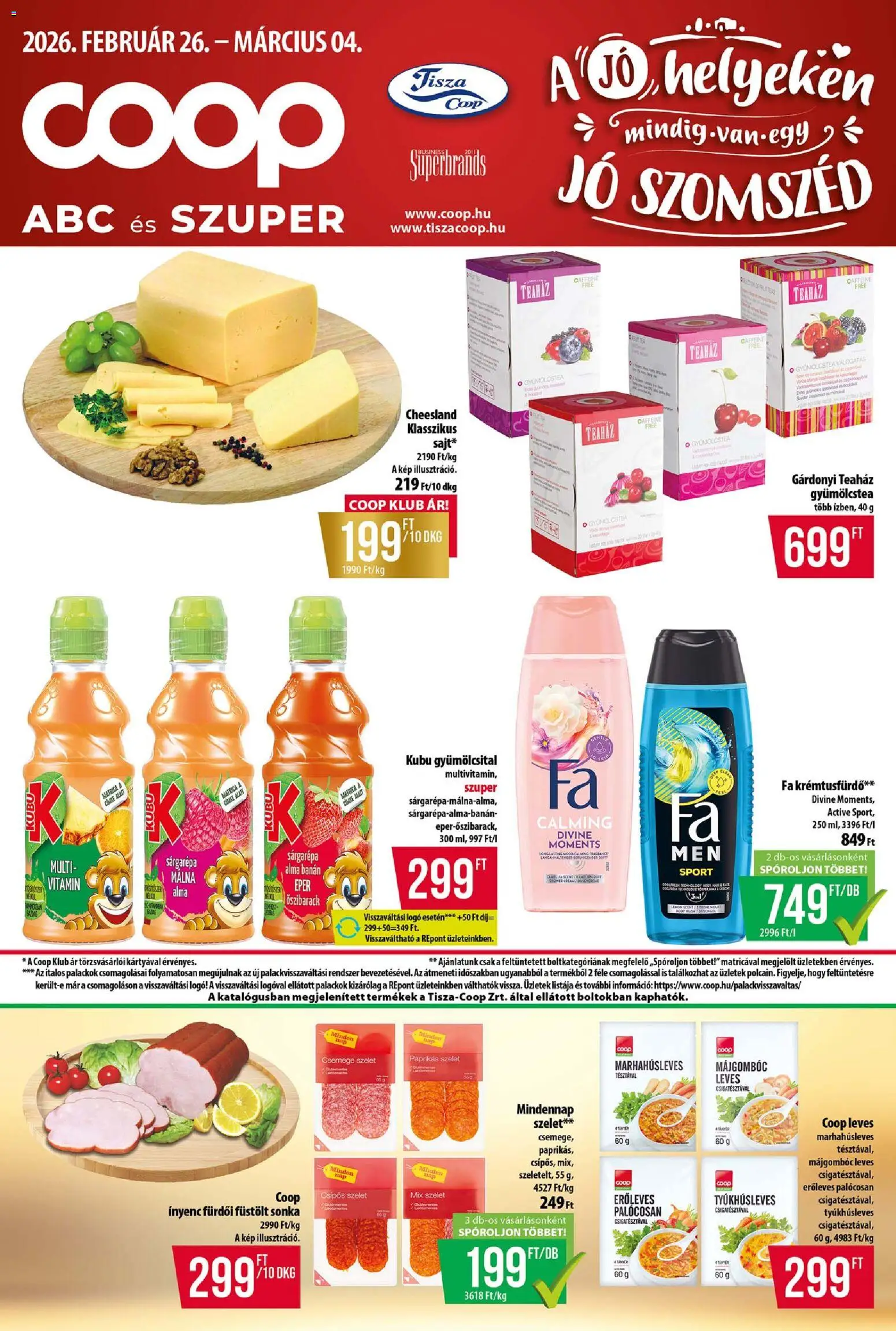 COOP akciós ujság - amely érvényes a következő dátumtól: 26.02.2026 | Oldal: 1 | Termékek: Sonka, Gyümölcstea, Tányér, Alma