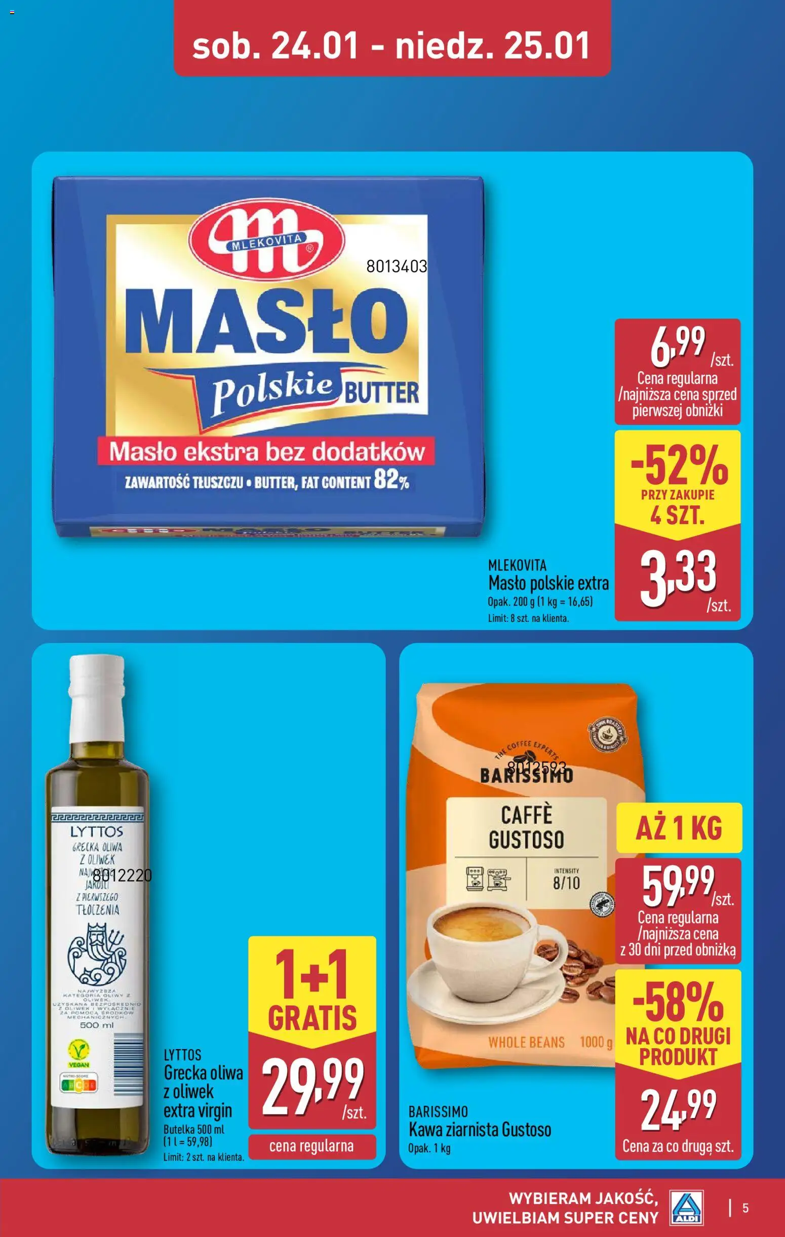 Aldi Gazetka - Okazje na weekend od 22.01.2026 | Strona: 5 | Produkty: Masło Polskie, Oliwa z oliwek, Masło, Kawa