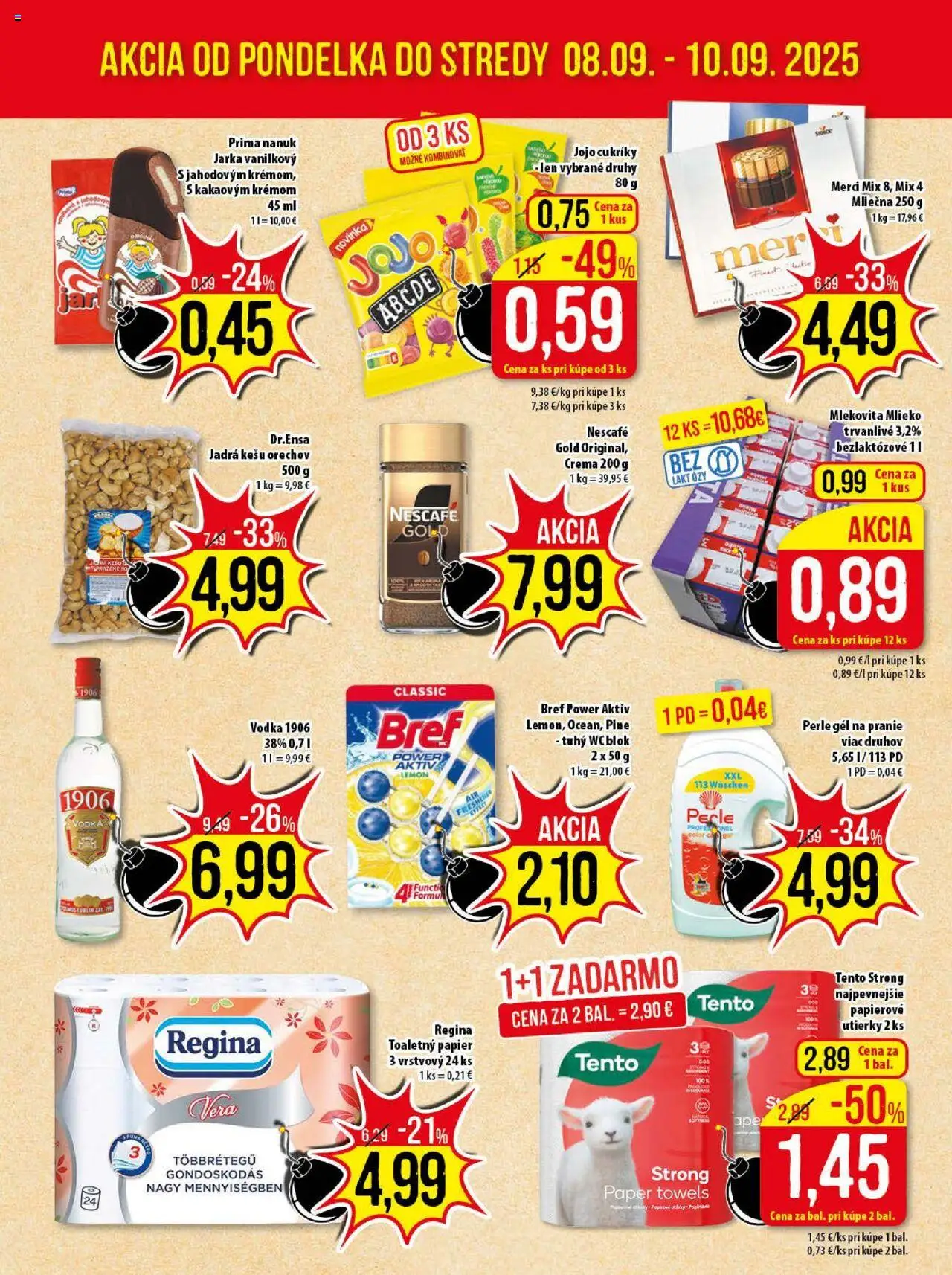 Nové Klas akcie – leták je platný od 08.09.2025 | Strana: 3 | Produkty: Nanuk, Toaletný papier, Vodka, Nescafé Gold