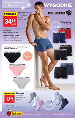 Pogląd oferty "Bielizna damska lub męska, 2-pak lub 3-pak, 95% bawełny, 5% elastanu. Do wyboru: Majtki damskie, 3-pak • rozm.: M-XL, Bokserki męskie, 2-pak • rozm.: M-XXL (czarne lub czerwone i granatowe), L-XXL (czarne i granatowe)" - ważna od 05.01.2026 | Strona: 24