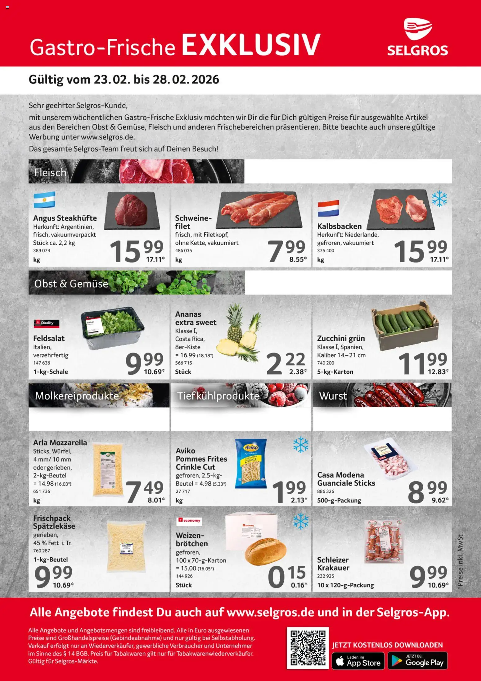 Selgros Gastro Angebote – gültig ab 23.02.2026 | Seite: 1 | Produkte: Pommes frites, Wurst, Zucchini, Fleisch