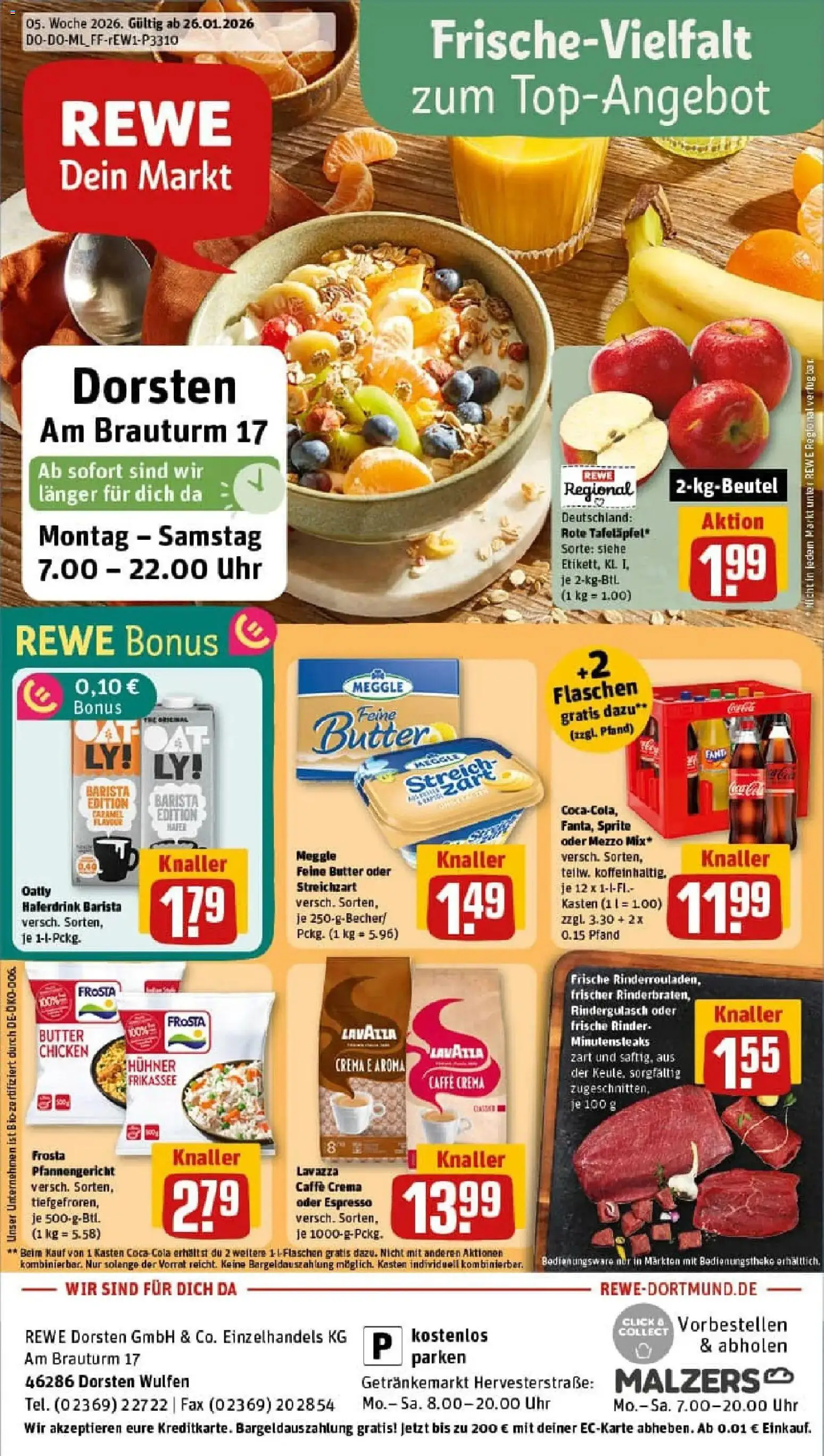 Rewe prospekt Dorsten	 – gültig ab 26.01.2026 | Seite: 1 | Produkte: Rindergulasch, Butter, Frosta, Uhr