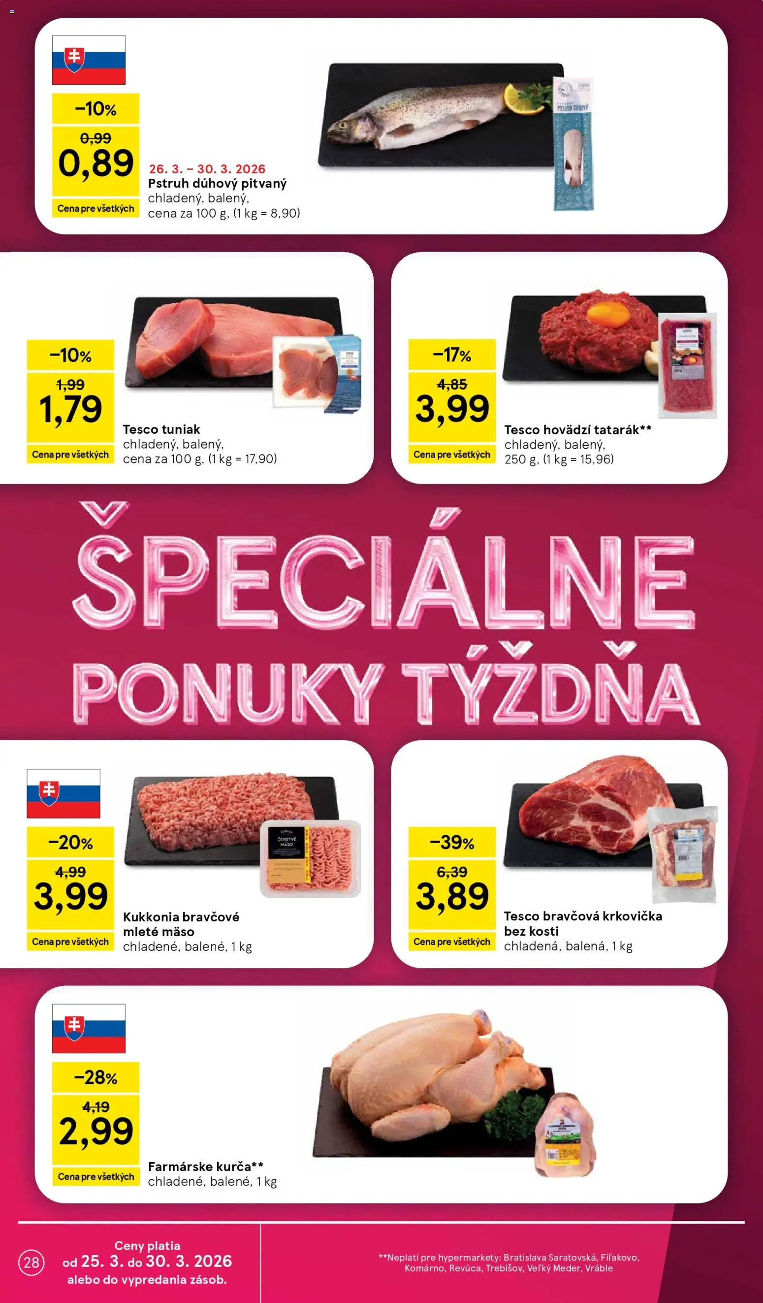 Nové Tesco akcie – leták je platný od 25.03.2026 | Strana: 28 | Produkty: Tuniak, Krkovička, Tatarák, Kurča