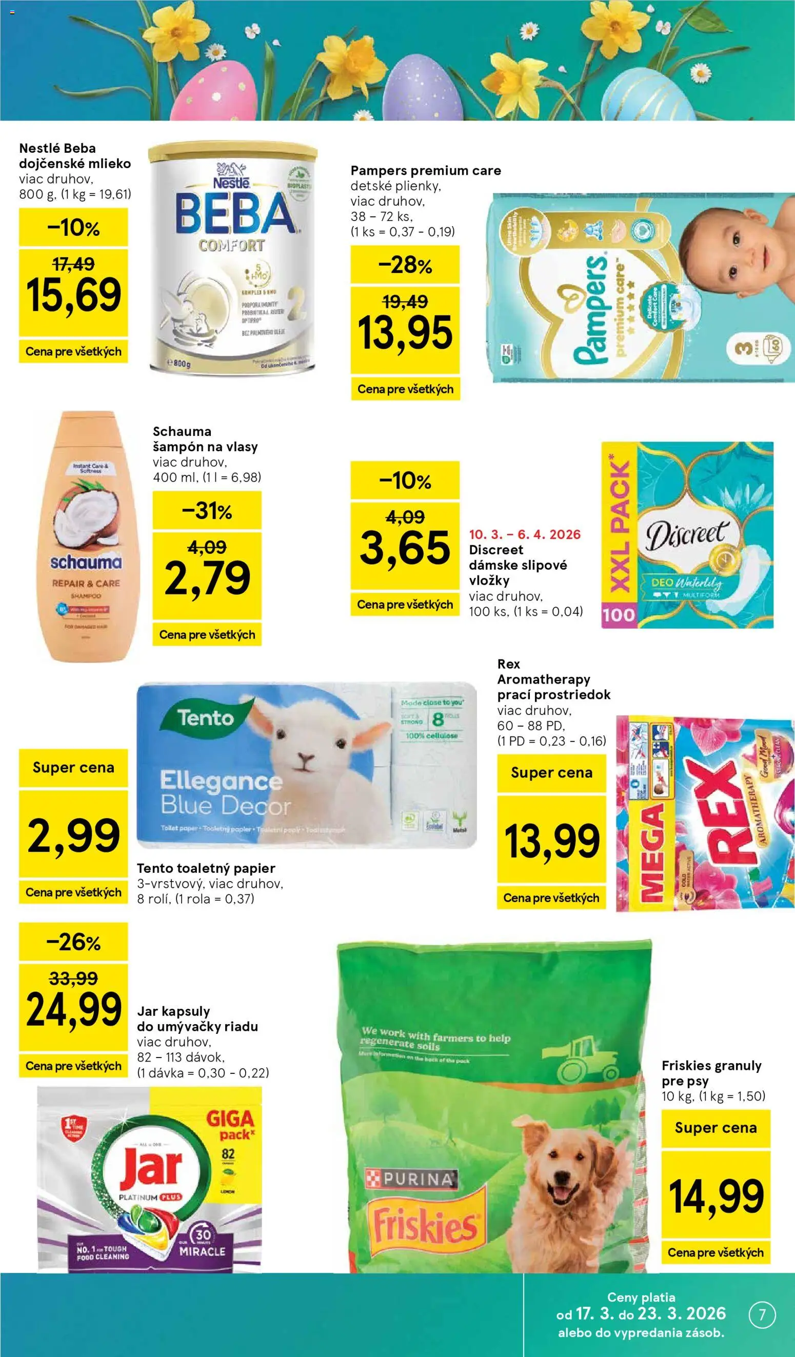 Nové Tesco akcie – leták je platný od 18.03.2026 | Strana: 7 | Produkty: Friskies, Šampón, Toaletný papier, Kapsuly do umývačky riadu