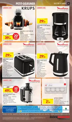 Intermarché - Prévisualisation de CAFETIÈRE FILTRE SOLEIL NOIR, Référence produit: FG380B10. Puissance 1000W. Programmable. Verseuse en verre de 1,25L. Pour 10/15 tasses. Bouton marche/arrêt lumineux. Maintien au chaud. Arrêt automatique. Système anti-goutte. Porte-filtre pivotant et amovible valide à partir de 03.03.2026 | Page: 29 | Produits: Cafetière, Bouilloire, Pain, Café