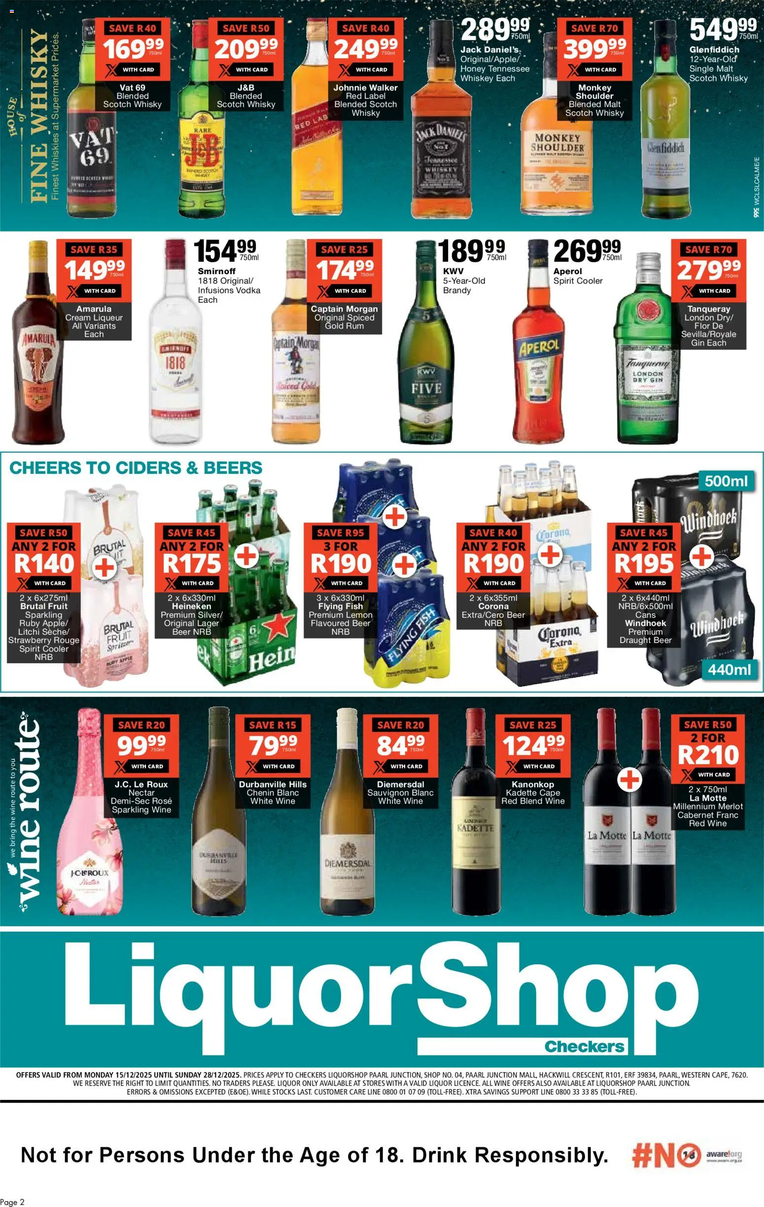 New Checkers catalogue – valid from 15.12.2025 | Page: 2 | Products: Brandy, Rum, Beer, Fruit