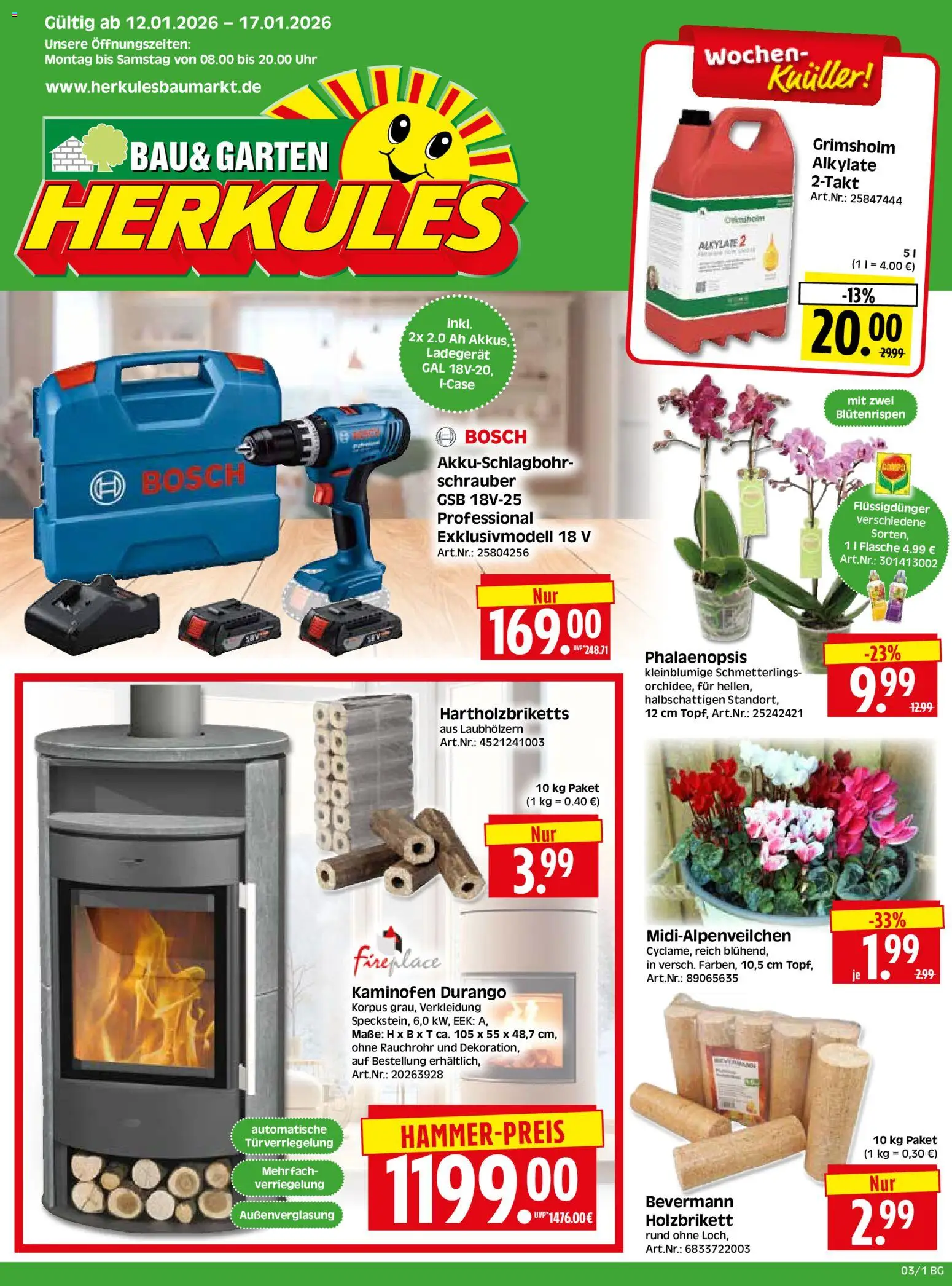 HERKULES Bau & Garten – gültig ab 12.01.2026 | Seite: 1 | Produkte: Bosch, Kaminofen, Ladegerät, Uhr