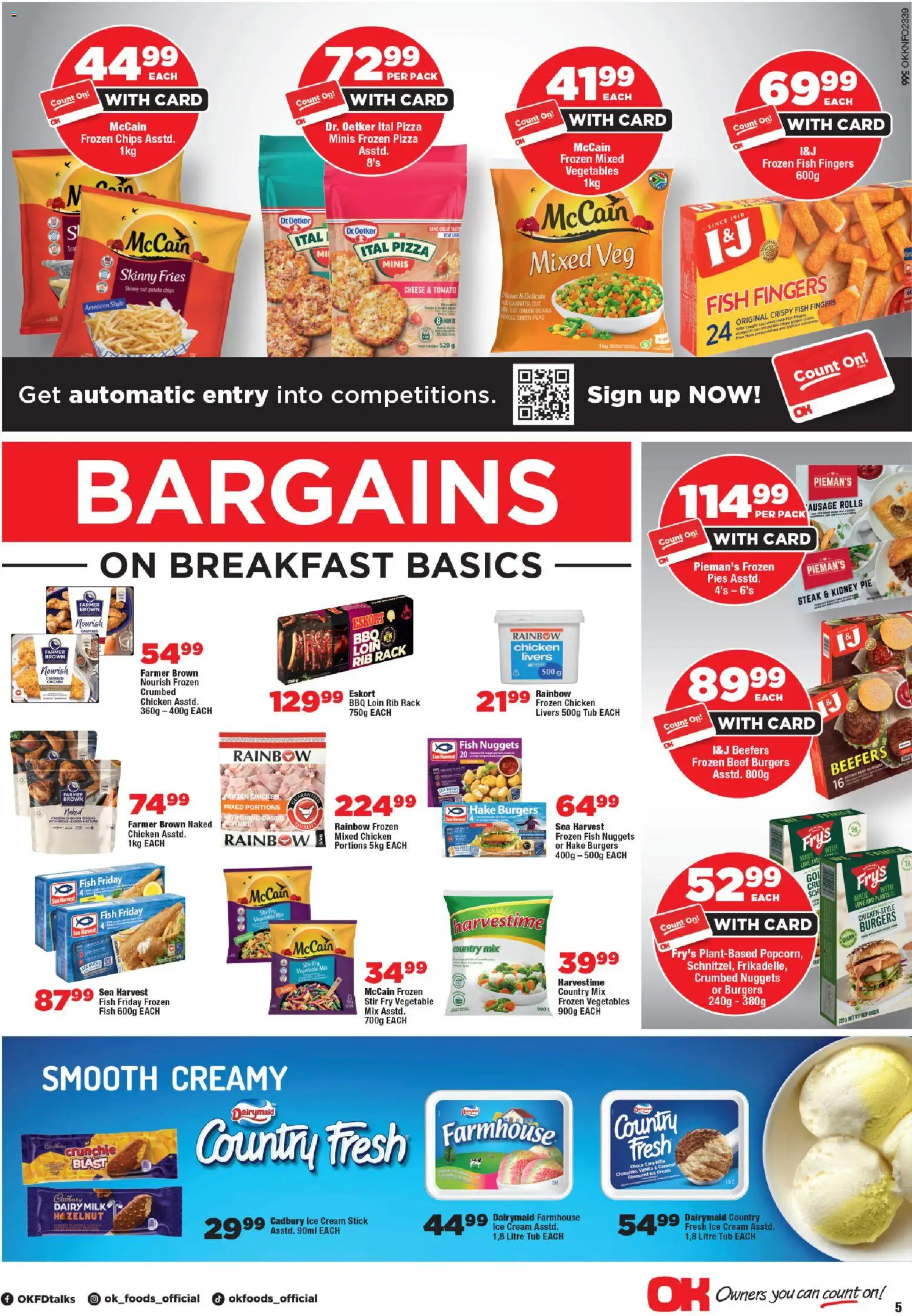 New OK Foods catalogue – valid from 24.04.2026 | Page: 5 | Products: Frozen vegetables, Beef, Burgers, Ice cream