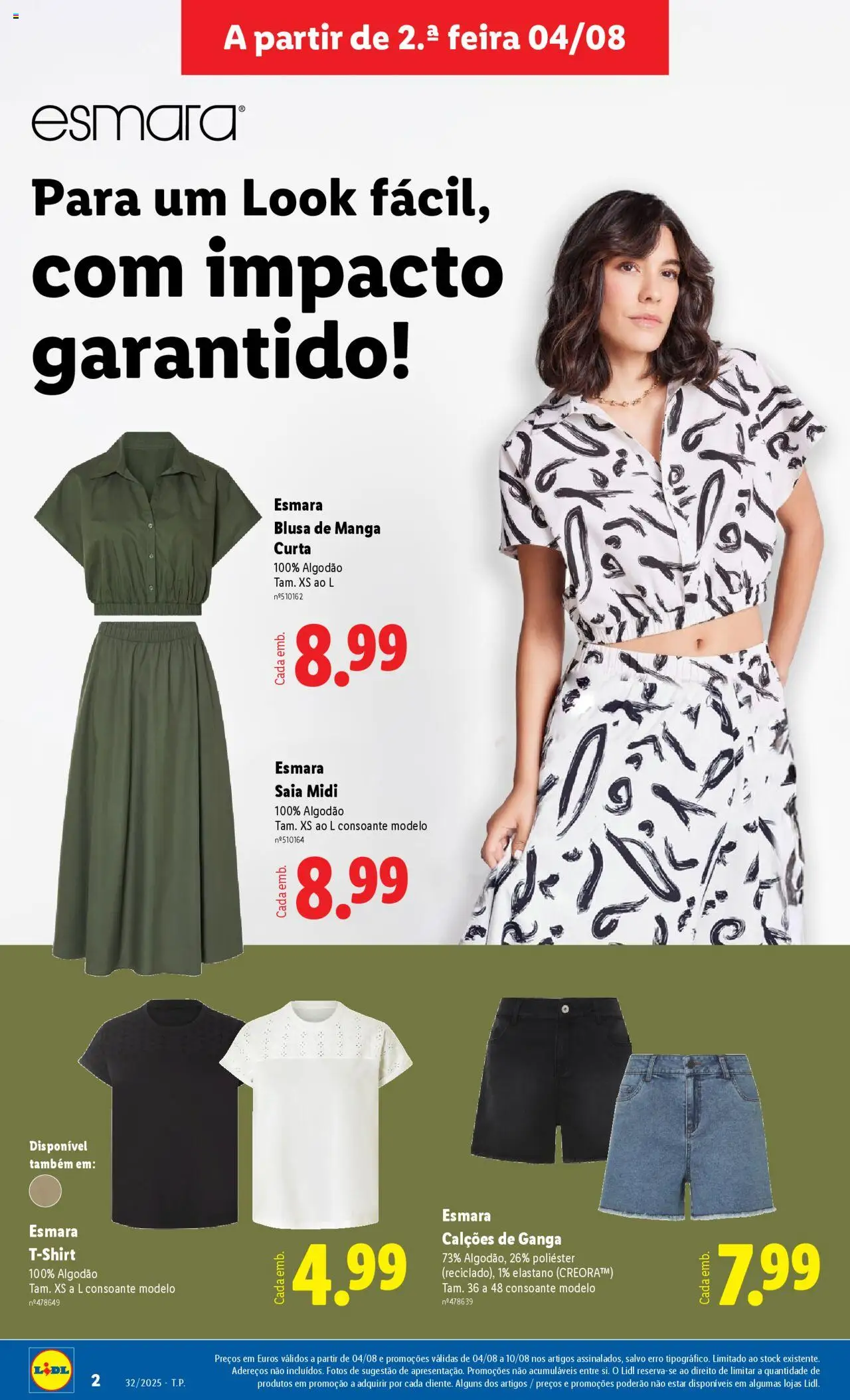 Lidl Novidades │ válido de 04.08.2025 | Página: 2 | Produtos: Algodão, Calções, Saia, Blusa