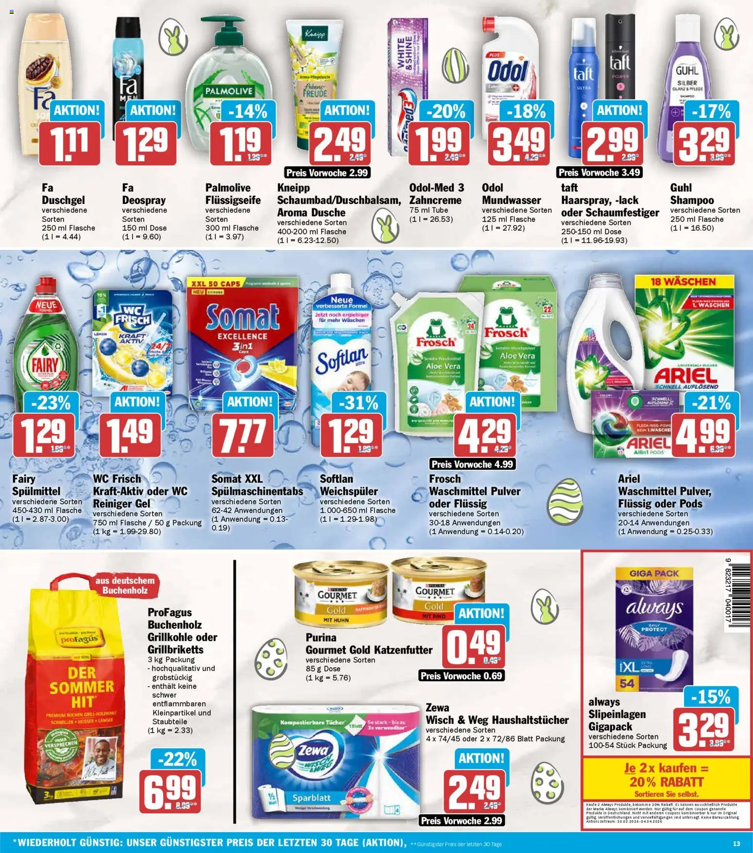 AEZ Prospekt 	 – gültig ab 30.03.2026 | Seite: 13 | Produkte: Ariel, Duschgel, Weichspüler, Wc frisch