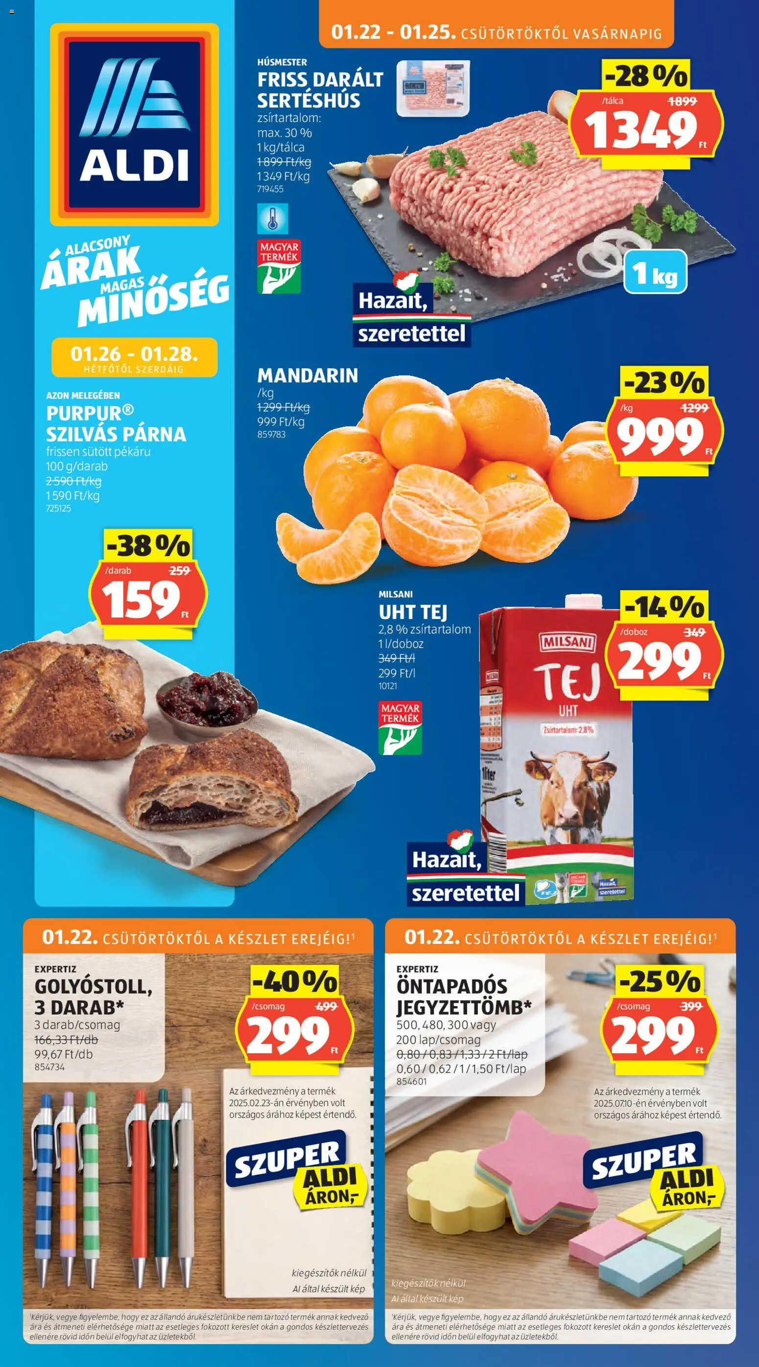 Aldi akciós ujság - amely érvényes a következő dátumtól: 22.01.2026 | Oldal: 1 | Termékek: Párna, Darált sertéshús, Tej, Mandarin