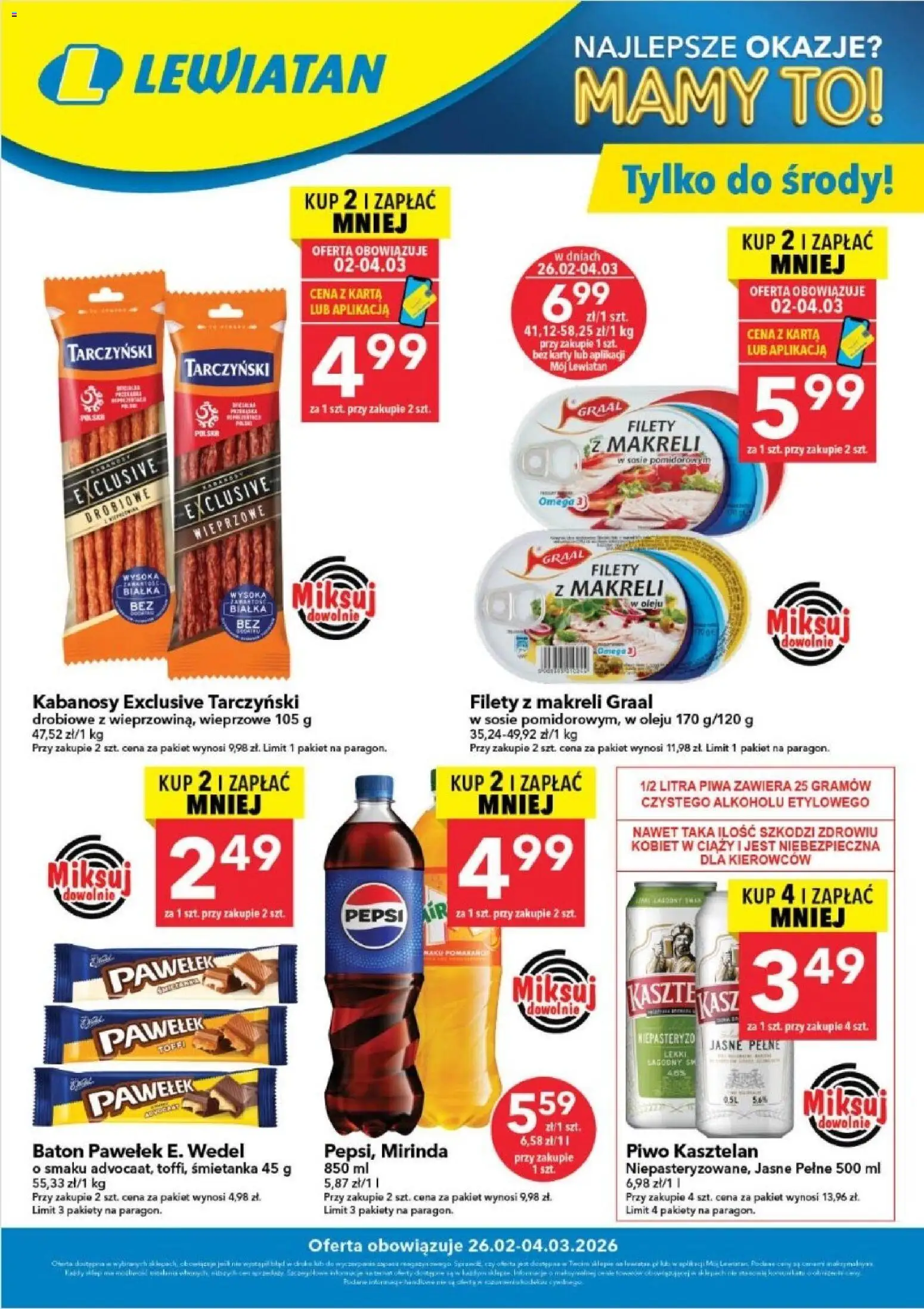 Lewiatan gazetka - W wielopakach taniej od 26.02.2026 | Strona: 1 | Produkty: Pepsi, Kabanosy, Baton, Piwo