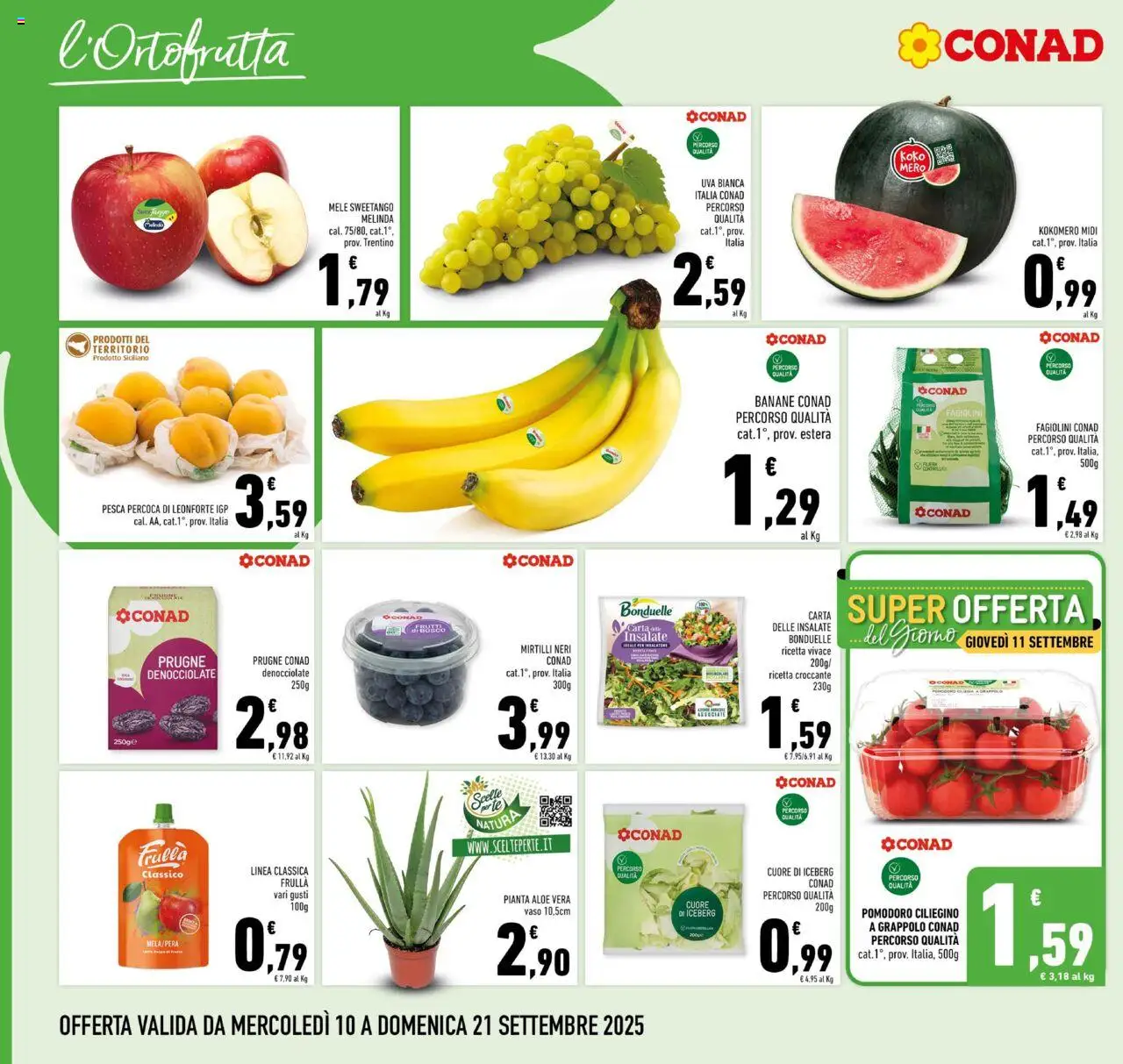 Volantino Conad del 10.09.2025 | Pagina: 4 | Prodotti: Mele, Pesca, Aloe vera, Vaso