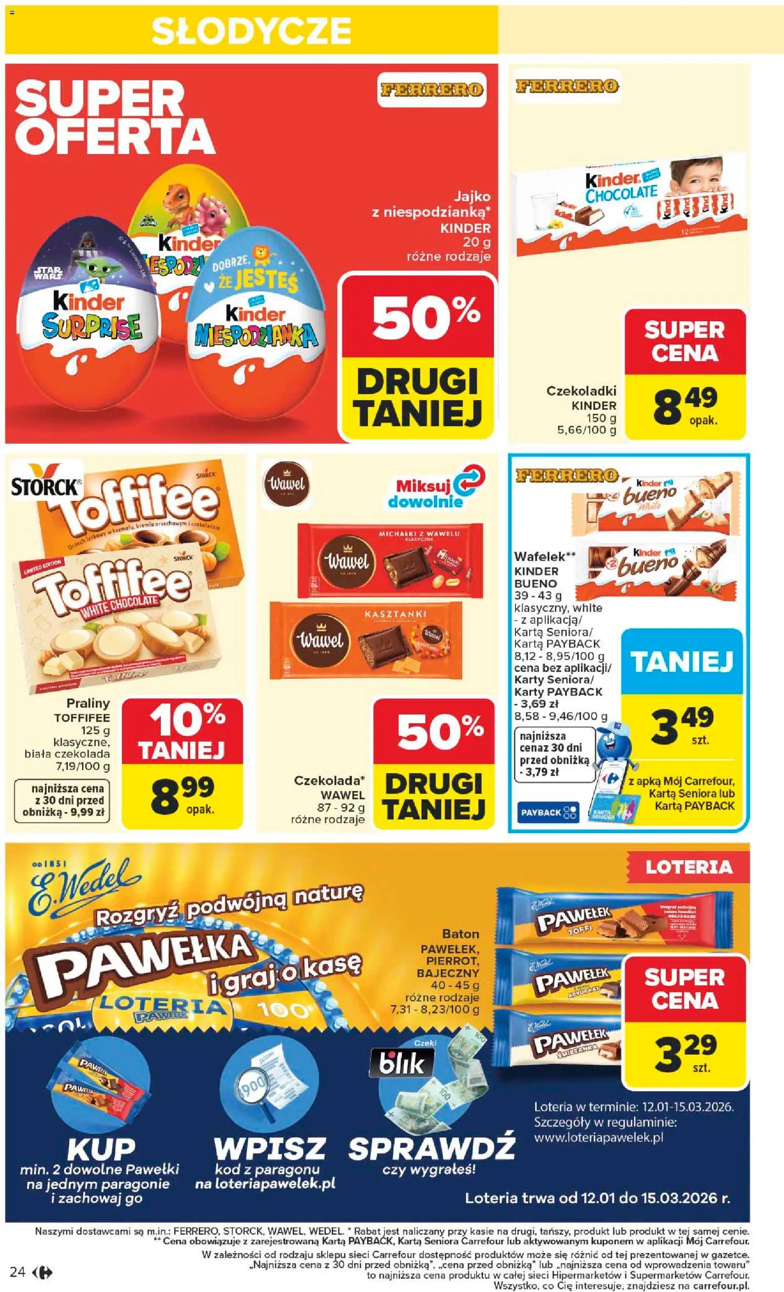 Carrefour Gazetka od 19.01.2026 | Strona: 26 | Produkty: Karta, Słodycze, Kinder Bueno, Baton