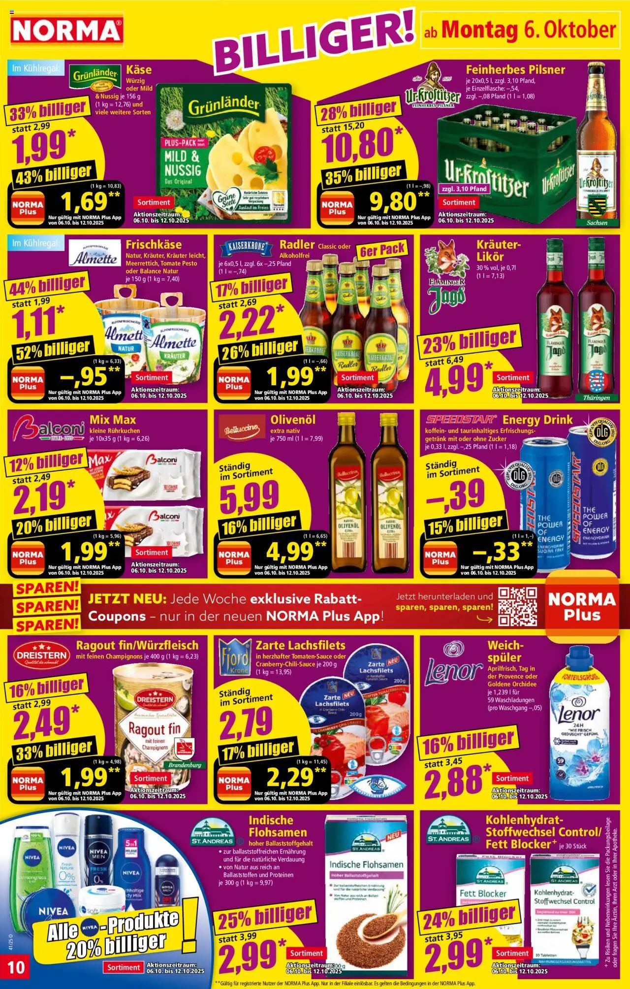 Norma Prospekt 	 – gültig ab 06.10.2025 | Seite: 10 | Produkte: Radler, Grunlander, Zucker, Frischkase
