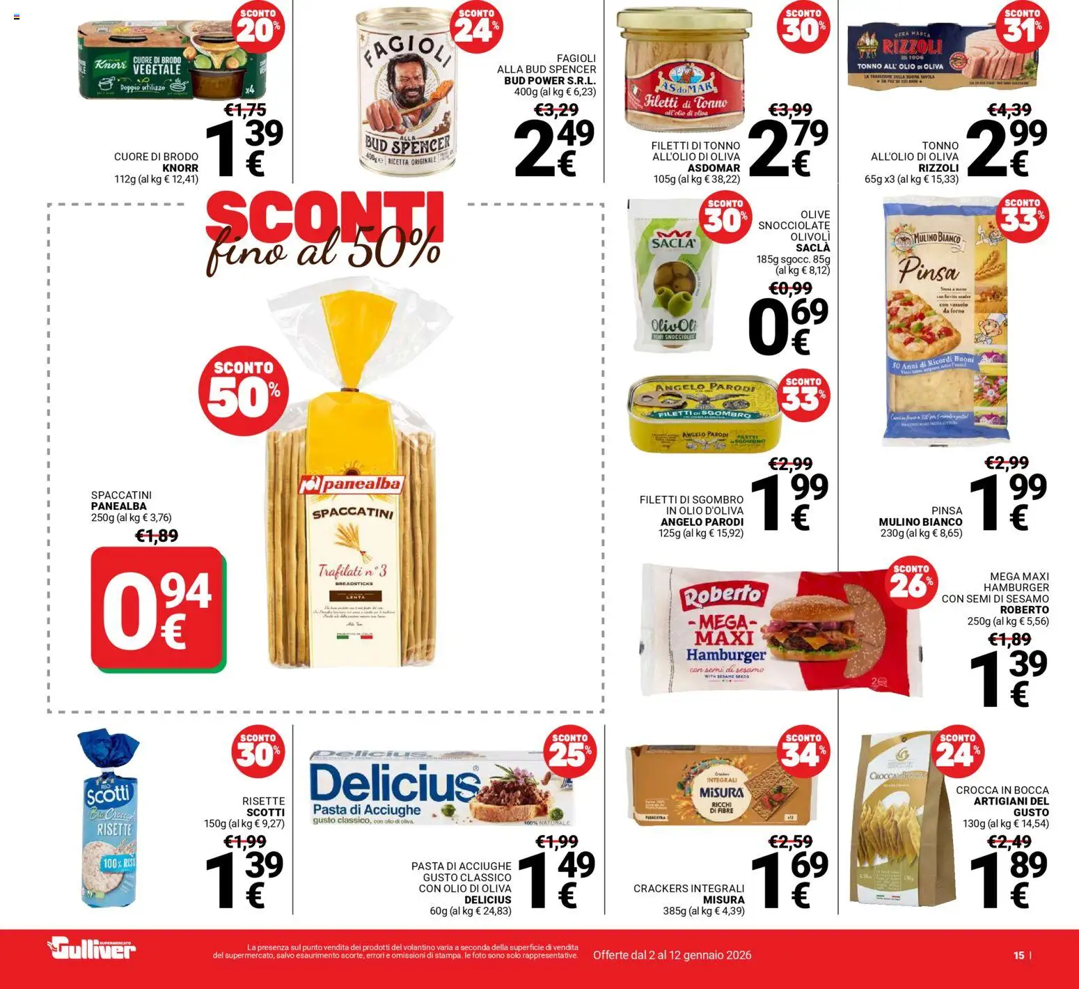 Volantino Gulliver del 02.01.2026 | Pagina: 15 | Prodotti: Olive, Tonno, Sgombro, Hamburger