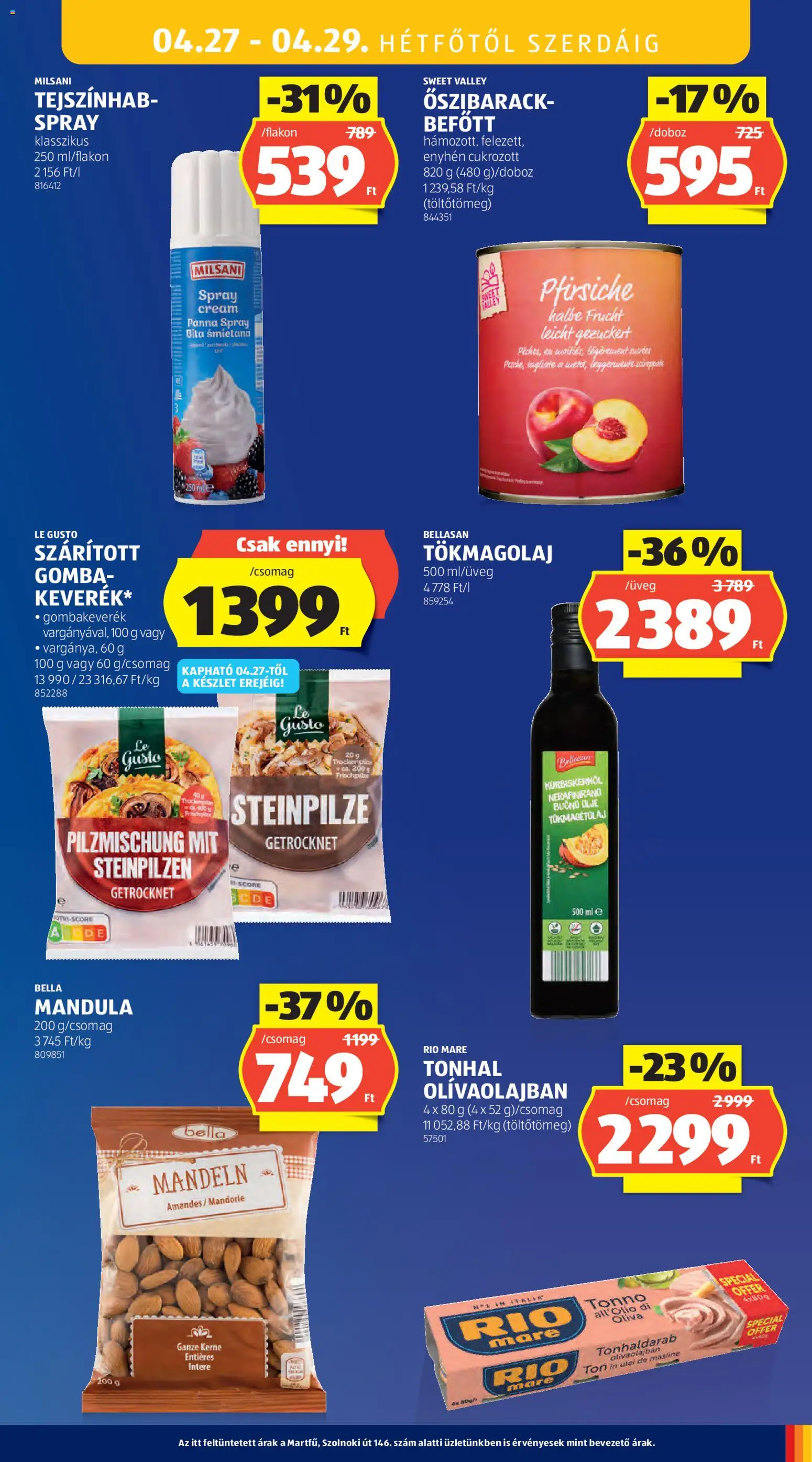 Aldi akciós ujság - amely érvényes a következő dátumtól: 23.04.2026 | Oldal: 37 | Termékek: Tonhal, Gomba, Tejszínhab, Tökmagolaj