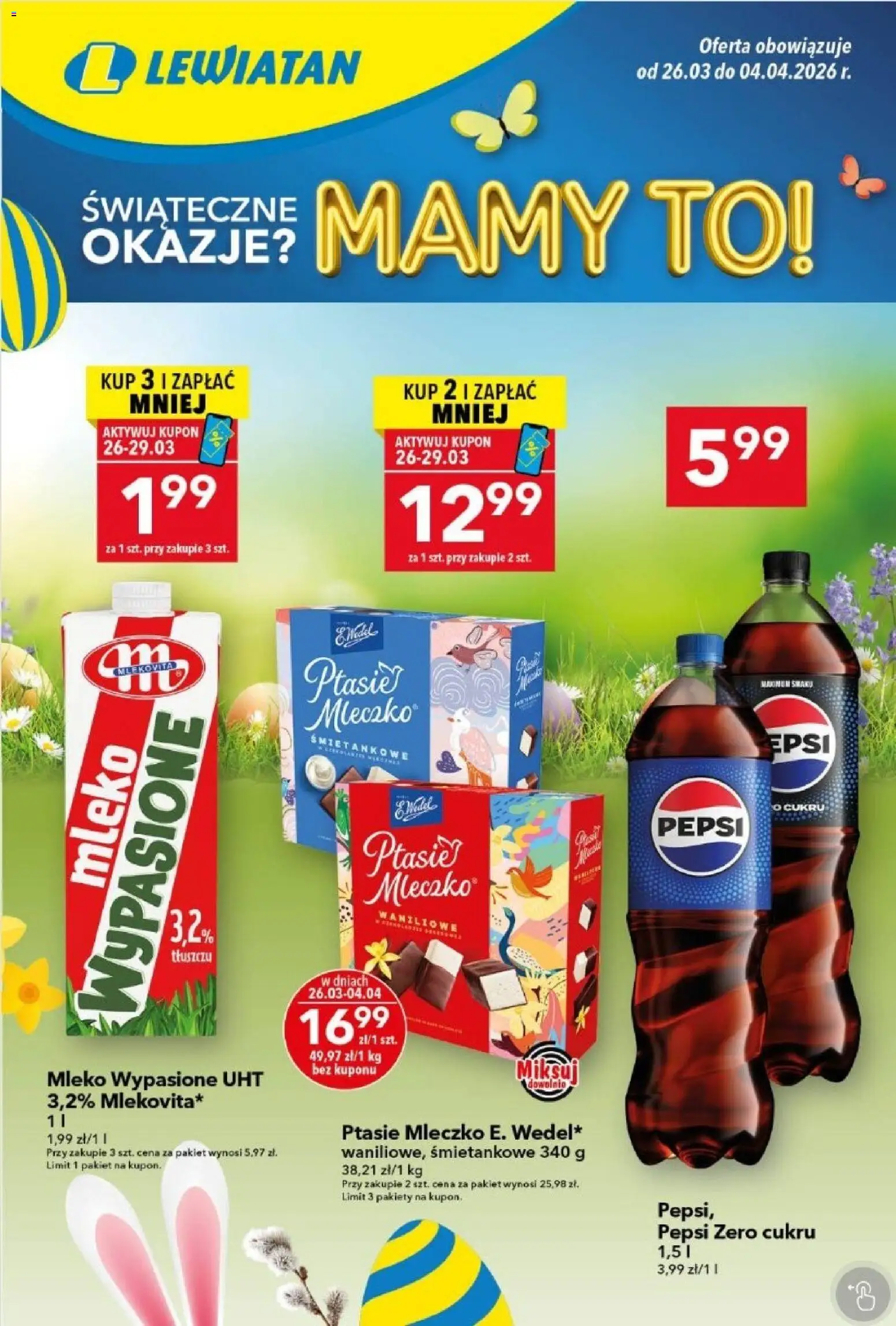 Lewiatan gazetka od 26.03.2026 | Strona: 1 | Produkty: Mleko wypasione, Pepsi, Ptasie mleczko, Mleko