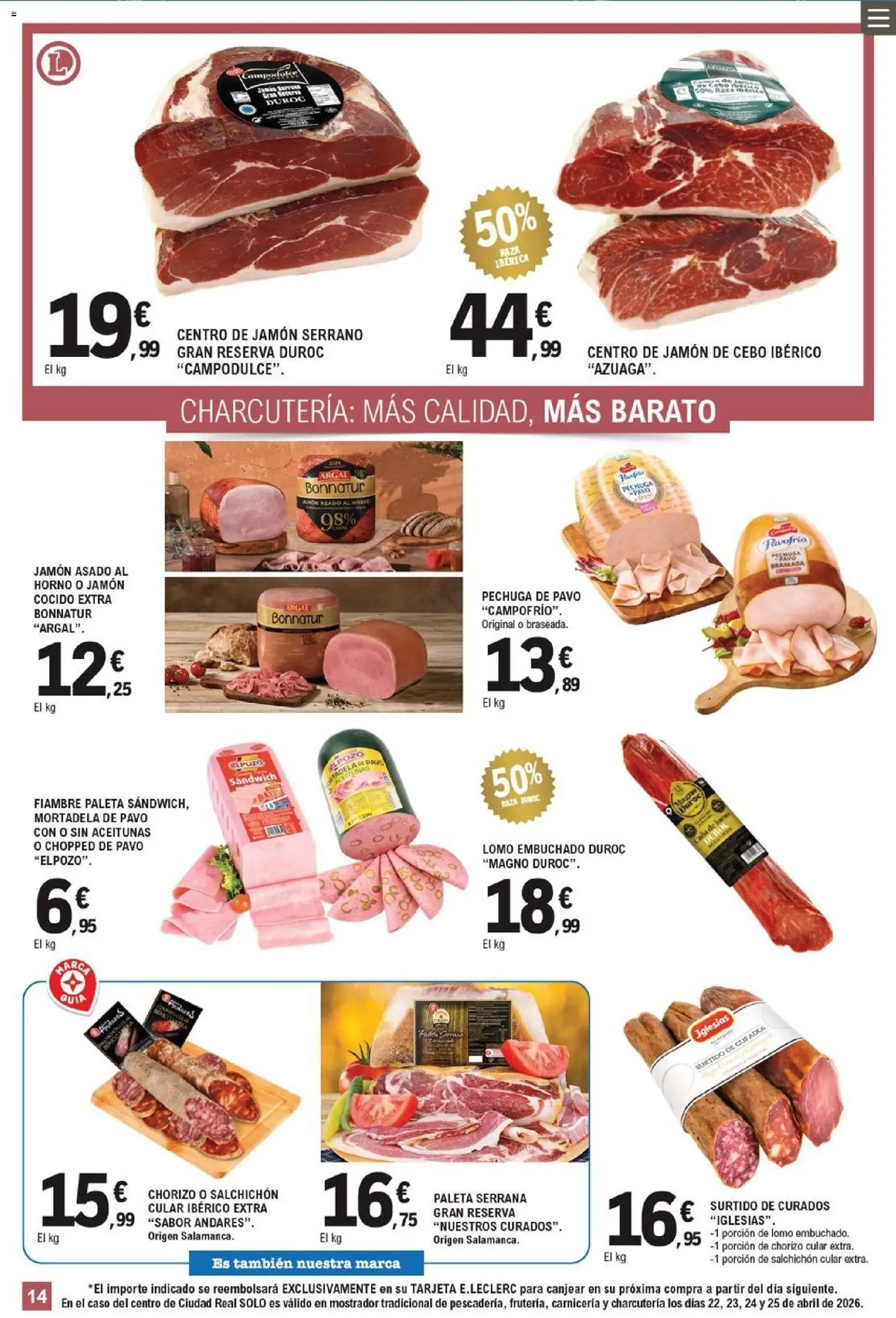 E.Leclerc folleto │ válido desde el 22.04.2026 | Página: 15 | Productos: Jamón serrano, Jamón cocido, Horno, Mortadela