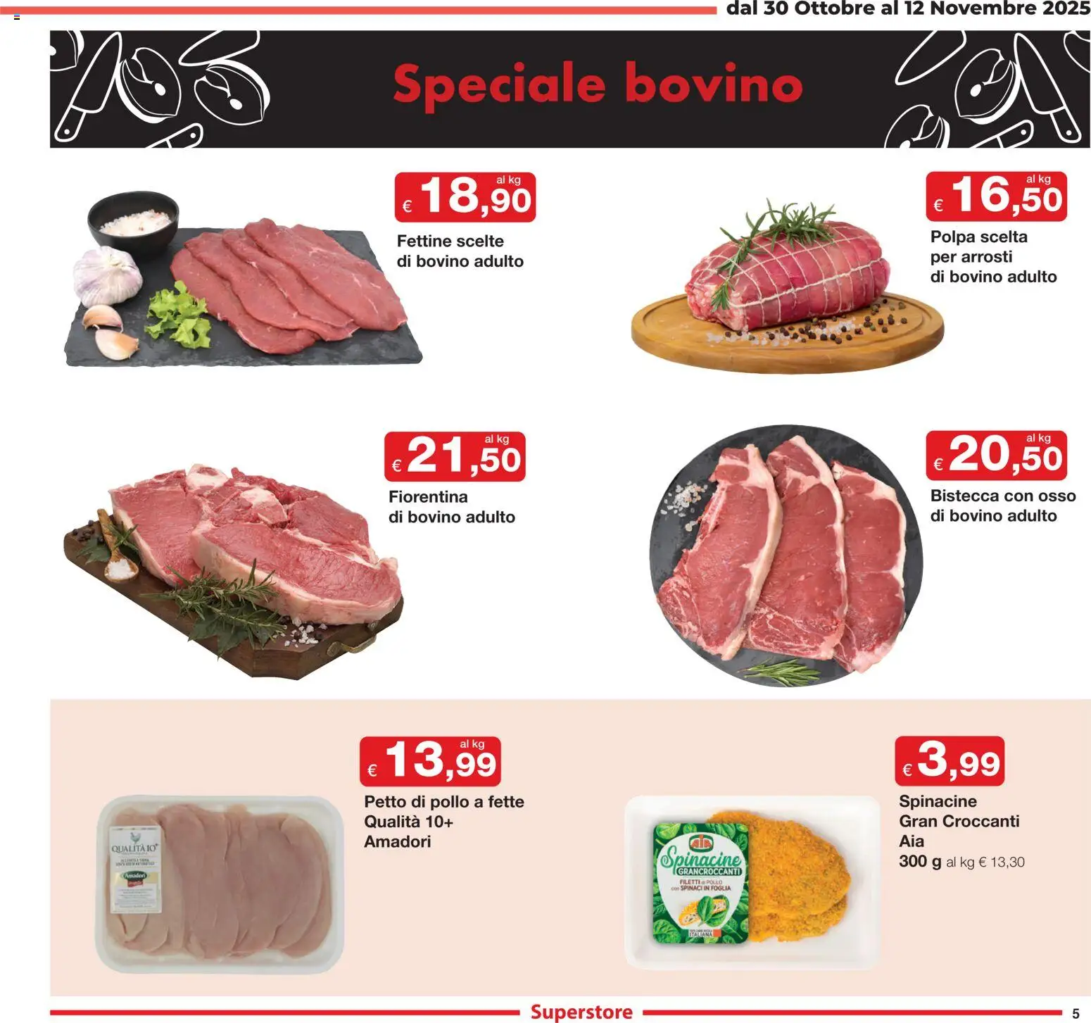 Volantino Sì con Te del 30.10.2025 | Pagina: 5 | Prodotti: Bovino, Petto di Pollo, Pollo, Spinaci