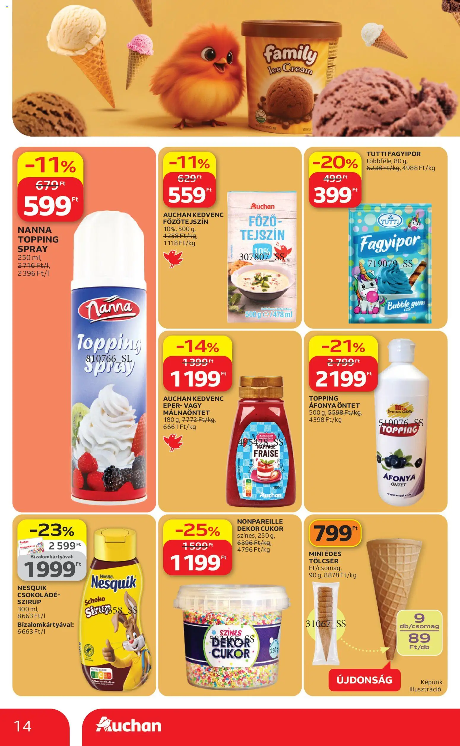 Auchan akciós ujság - amely érvényes a következő dátumtól: 23.04.2026 | Oldal: 14 | Termékek: Áfonya, Főzőtejszín, Nesquik, Csokoládé