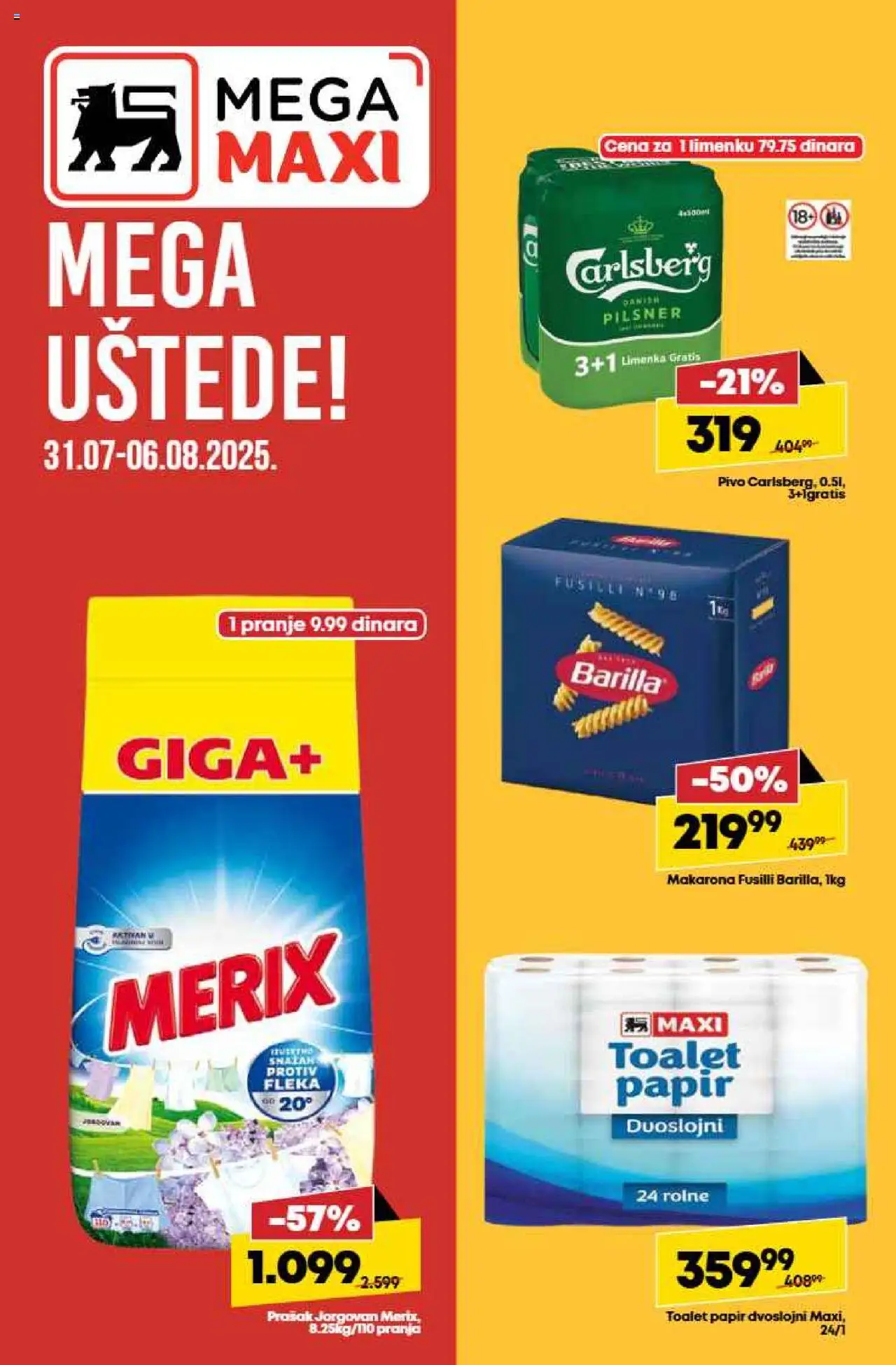 Mega Maxi katalog - važi od 31.07.2025 | Strana: 1 | Proizvode: Toalet papir, Pivo, Carlsberg