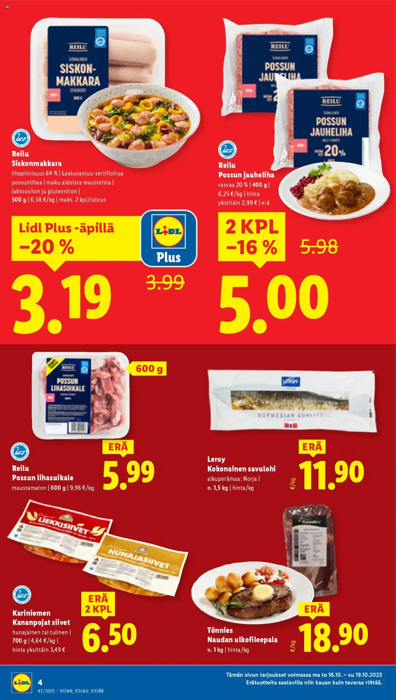Lidl tarjoukset - Rovaniemi – voimassa 16.10.2025 alkaen | Sivu: 6 | Tuotteet: Kokonainen, Jauheliha, Makkara, Savulohi