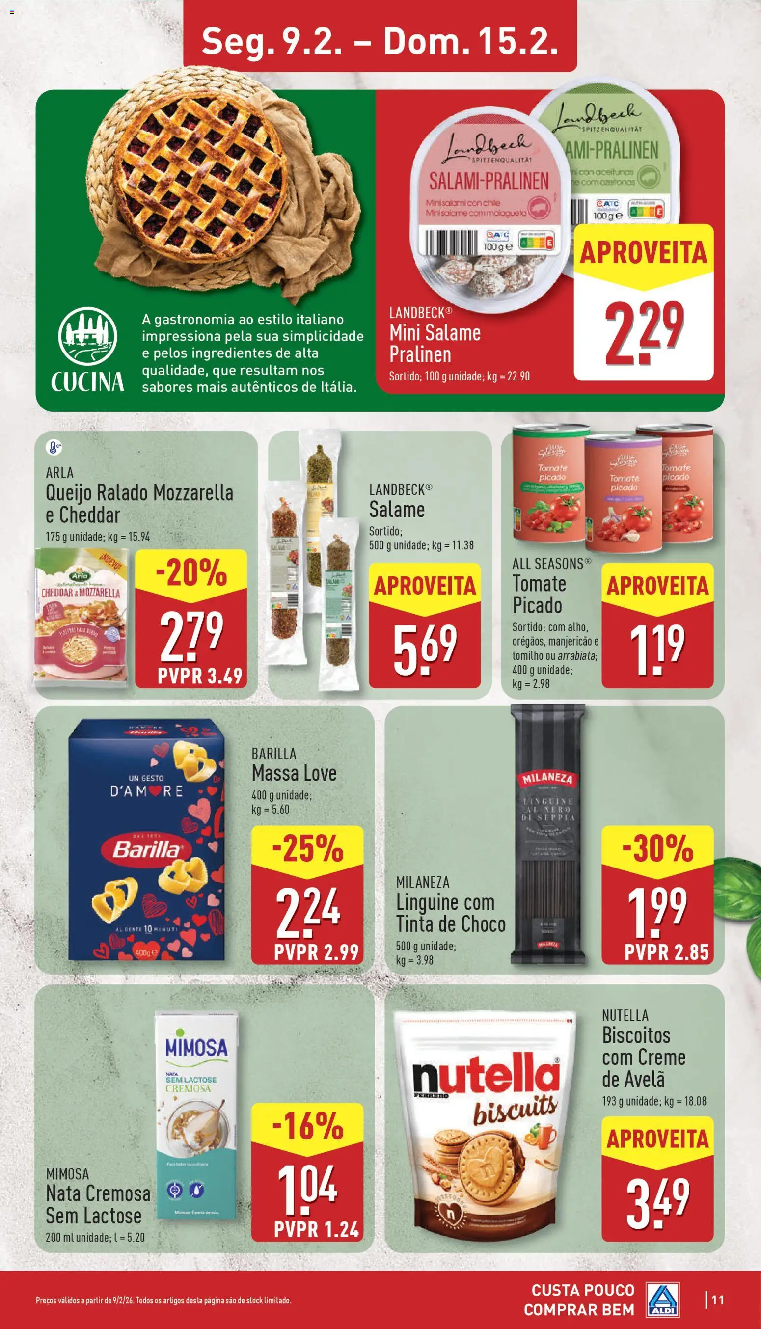 Aldi folheto │ válido de 09.02.2026 | Página: 11 | Produtos: Milaneza, Cheddar, Tomate, Massa