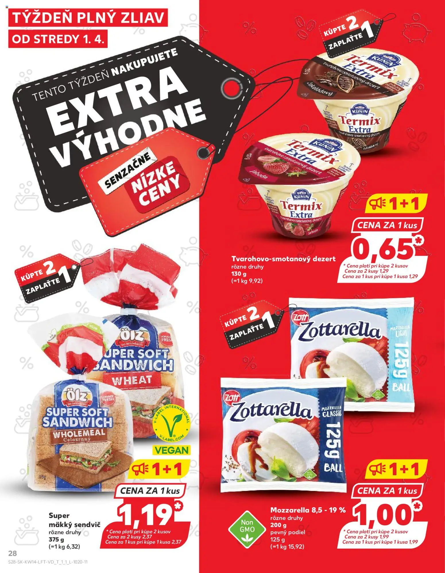 Nové Kaufland akcie – leták je platný od 01.04.2026 | Strana: 28 | Produkty: Mozzarella, Sendvič