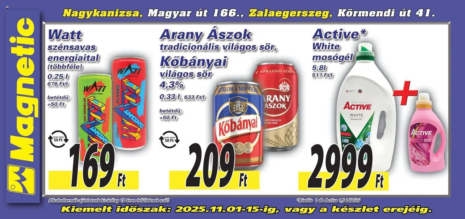 Magnetic akciós ujság - amely érvényes a következő dátumtól: 01.11.2025 | Oldal: 5 | Termékek: Energiaital, Arany ászok, Mosógél, Sör